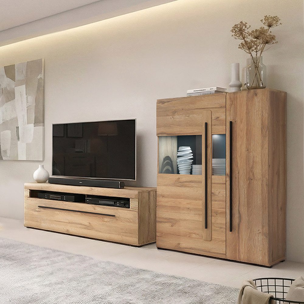 Lomadox Wohnwand TURDA-83, (2-St., Couchtisch Highboard Lowboard Sideboard Vitrine Wandregal), Eiche Dekor braun Metallgriffe in schwarz modern inkl. LED Beleuchtung