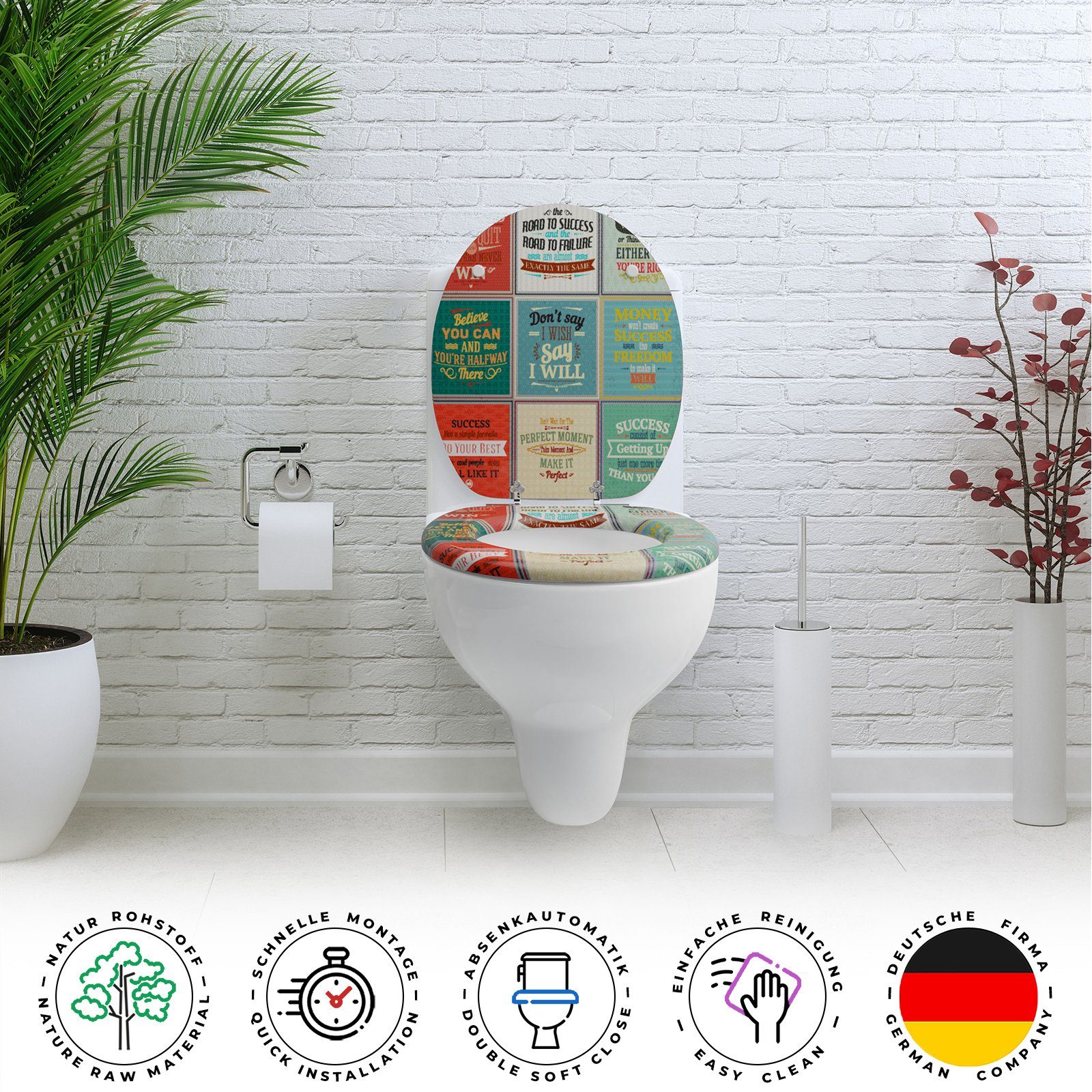 Sanfino WC-Sitz „Old School“ hochwertiger Toilettendeckel mit Absenkautomatik aus Holz, viele bunte Motive, hoher Sitzkomfort, einfache Montage – Bild 4 von 5