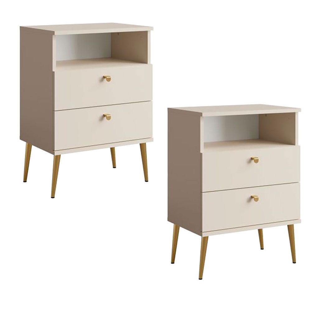 Feldmann-Wohnen Nachtschrank High (4 Schubladen, 2 offene Fächer, 2-St., moderne Optik, goldfarbene Griffe, ohne Soft-Close, Füße aus Metall) 50x34x70cm beige