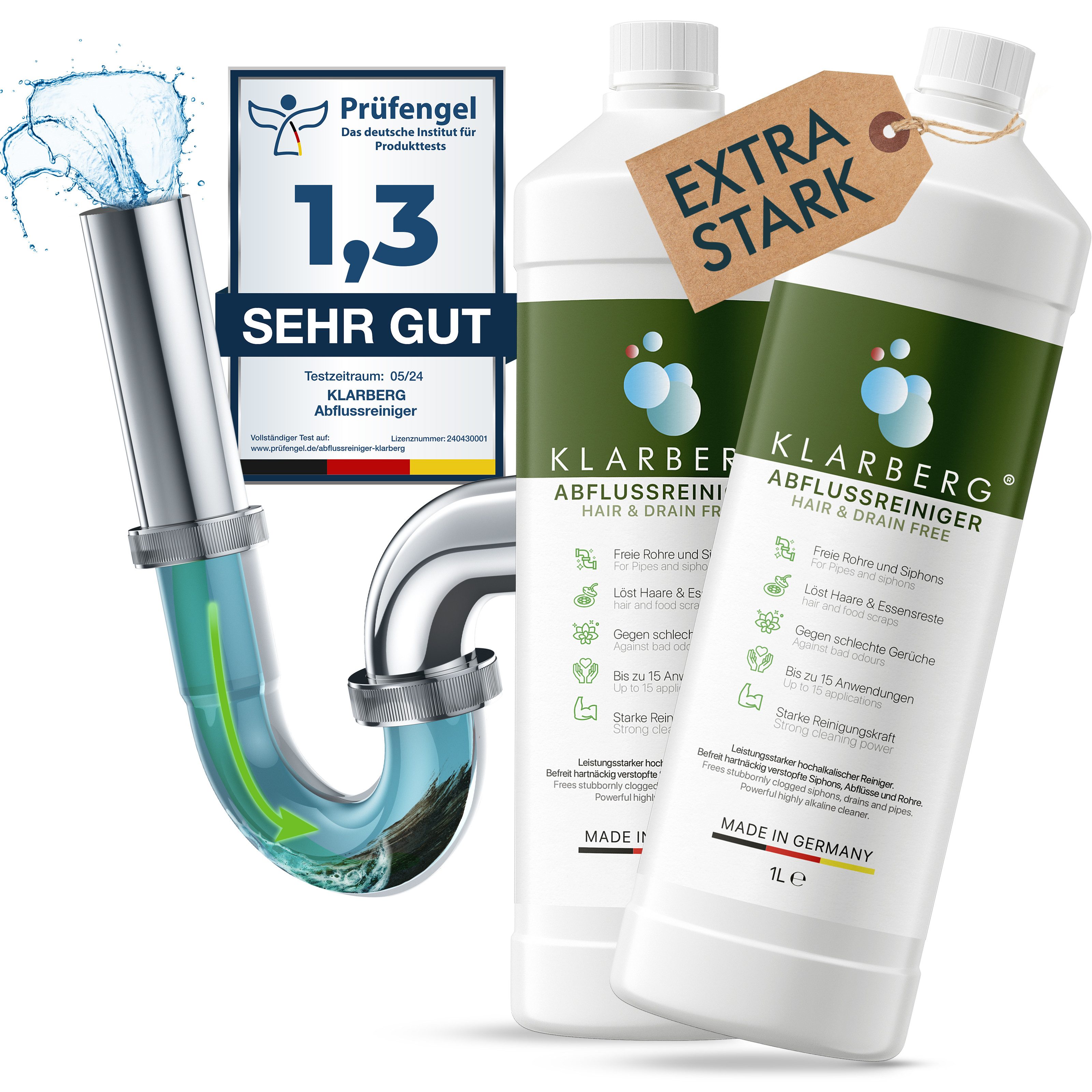 Klarberg Abflussreiniger stark gegen Haare – für Bad, Dusche & Küche Rohrreiniger (Spar-Set, [- Leistungsstark, entfernt Haare und Reste, chlorfrei, für alle Rohre)