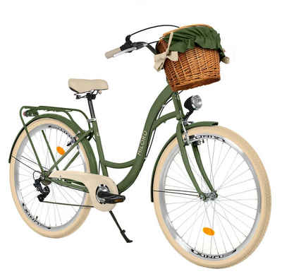 MILORD BIKES Cityrad Milord City Fahrrad Weidenkorb Damen, 28/26 Zoll, Grün-Creme, 7-Gang, 7 Gang Shimano, Kettenschaltung