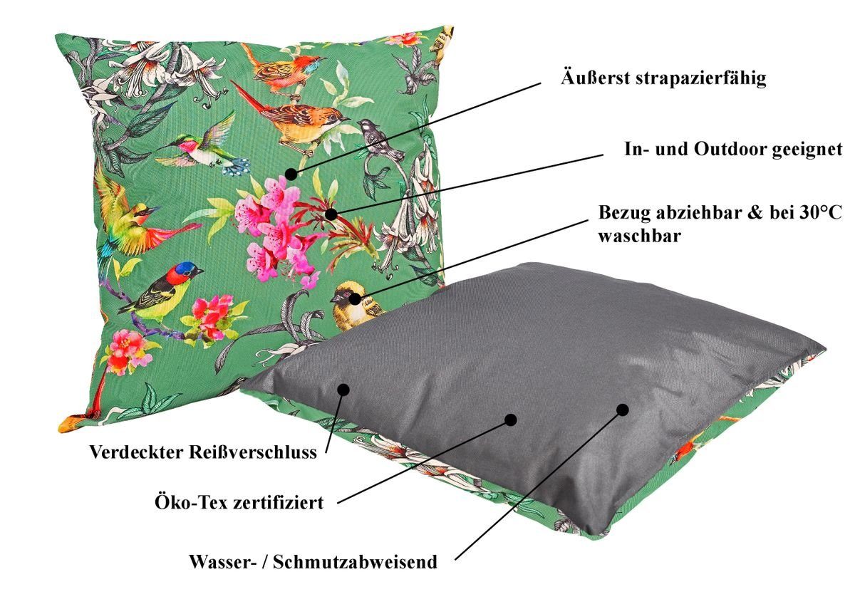 JACK Dekokissen JACK Grün Füllung, für Vögel Lotus-Effekt, Strapazierfähig, mit Robust, 45x45cm & Lounge geeignet Dekokissen Motiv Kissen Innen inkl. Outdoor Außen