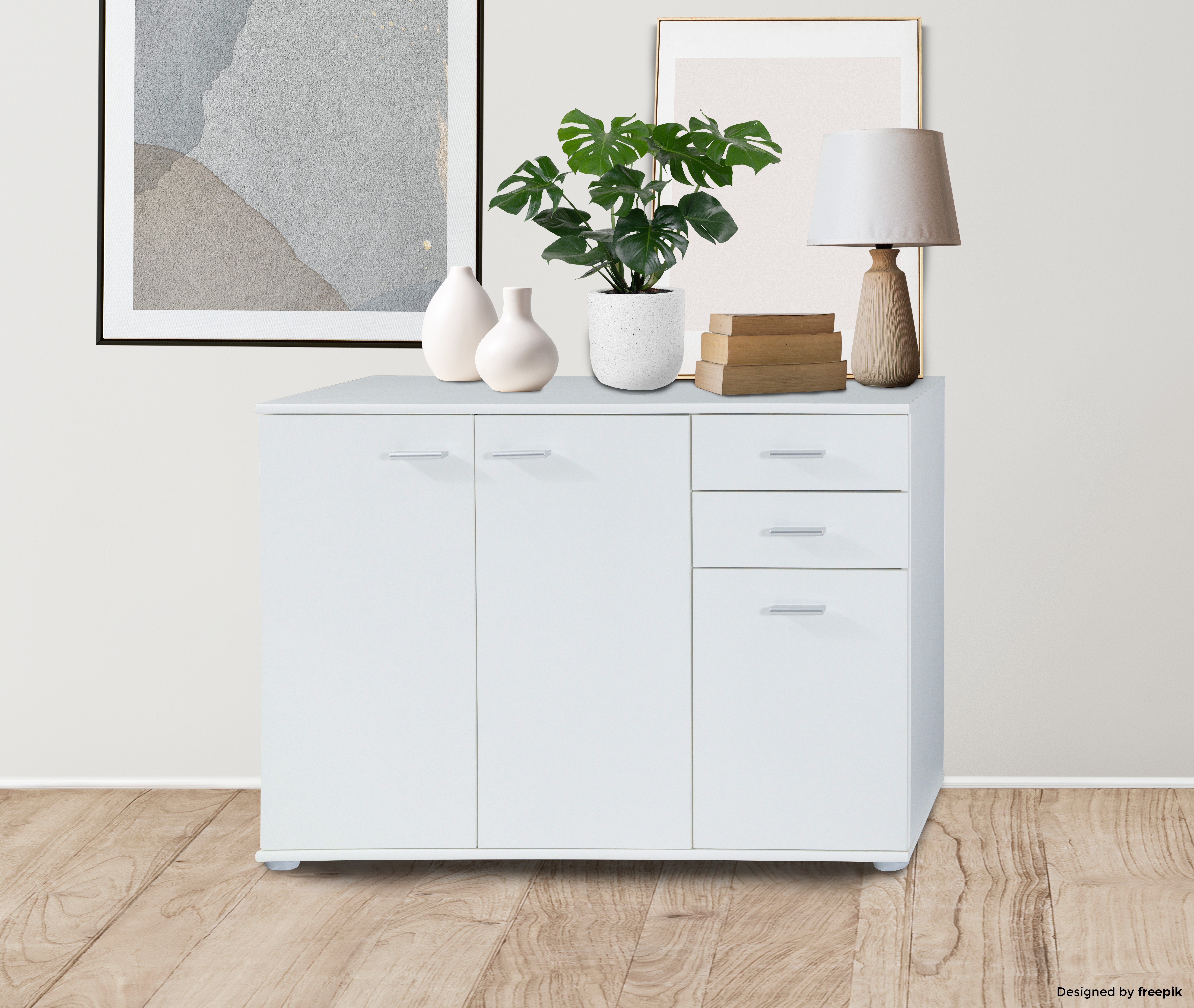 B106 Türen Sideboard Kommode x H75 Weiß x Schubladen mit 2 und Furnix T35 cm 3 Midos,