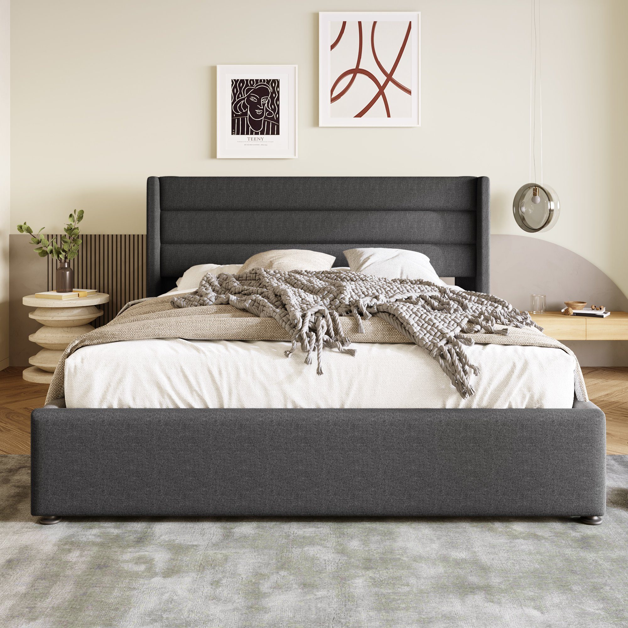 Flieks Funktionsbett cozy, Polsterbett Stauraumbett Hydraulisches Doppelbett Leinen 160x200cm