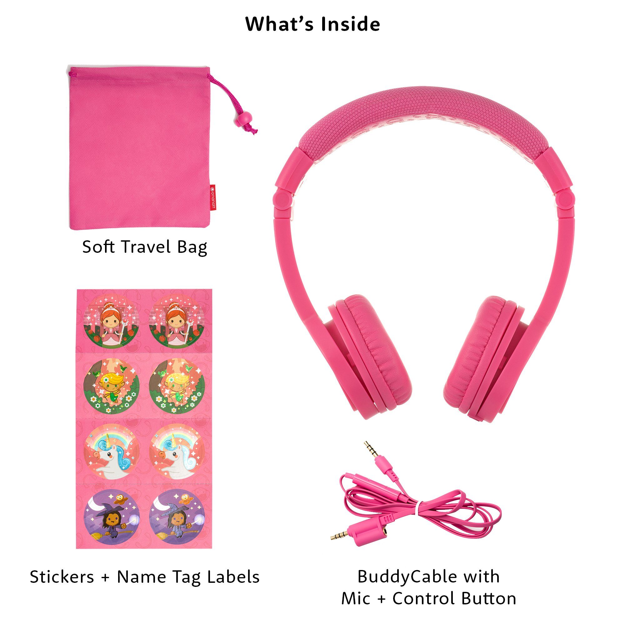 inkl. die buddyphones™ BuddyPhones integriertes extrem Kabel Produkte Kopfbügel, Kopfbügel, abnehmbar, verstellbarer Kinder-Kopfhörer onanoff Explore+ (kindersicher, klappbar, Reisetasche, coole sicheren hypoallergen) - strapazierfähig, gepolsterter dabei, Kinderkopfhörer Lautstärkebegrenzung, Sticker pink kinderfreundlich, safeAudio, Mikrofon,