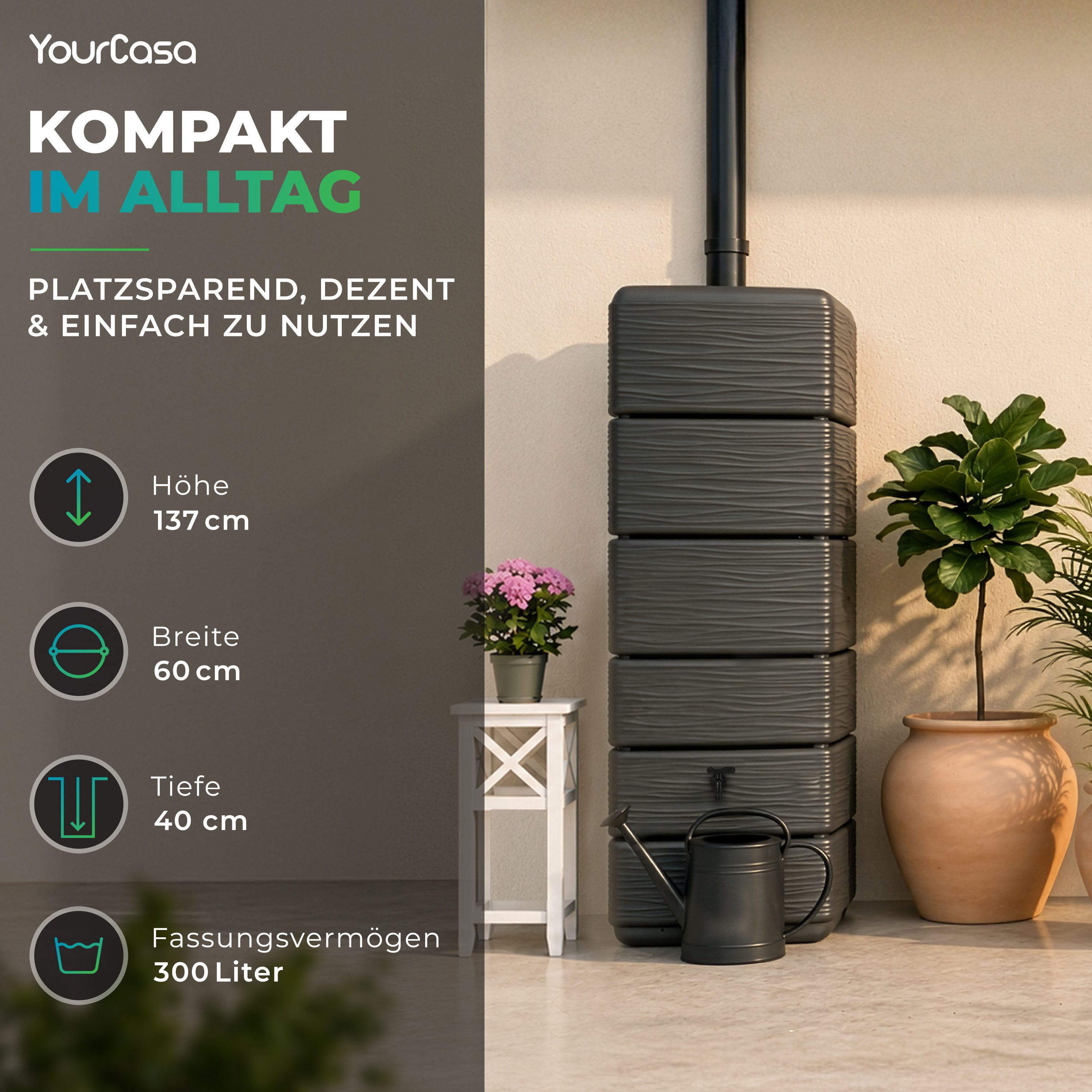 YourCasa Regentonne AquaWall 300 Liter Anthrazit schmal mit Regensammler Set, 300 l