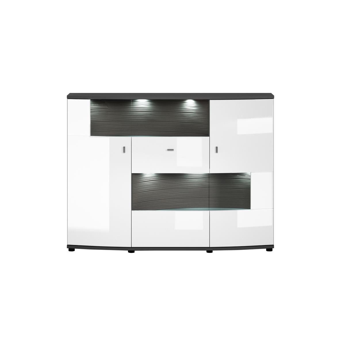möbelando Highboard Trendy, Modernes Highboard, Front aus MDF in Hochglanz-Weiß mit Glasabsetzung, Korpus aus melaminharzbeschichteter Spanplatte in Weiß/Anthrazit, mit 3 Türen und 5 Einlegeböden, Breite 160 cm, Höhe 120,4 cm, Tiefe 41,6 cm