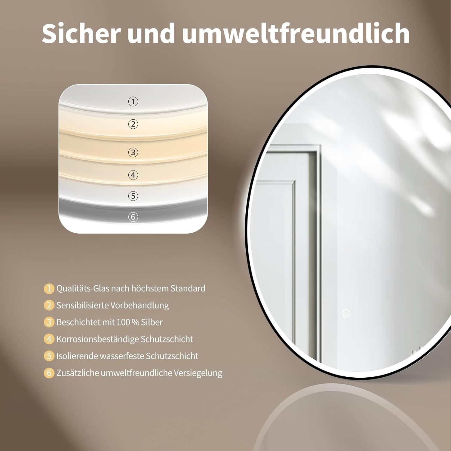 HOKO Badspiegel rund mit LED Beleuchtung und Memory Funktion (60 cm Wandspiegel mit schwarzem Aluminiumrahmen, mit Touch-Schalter und stufenlosem Farbwechsel vo – Bild 5 von 5