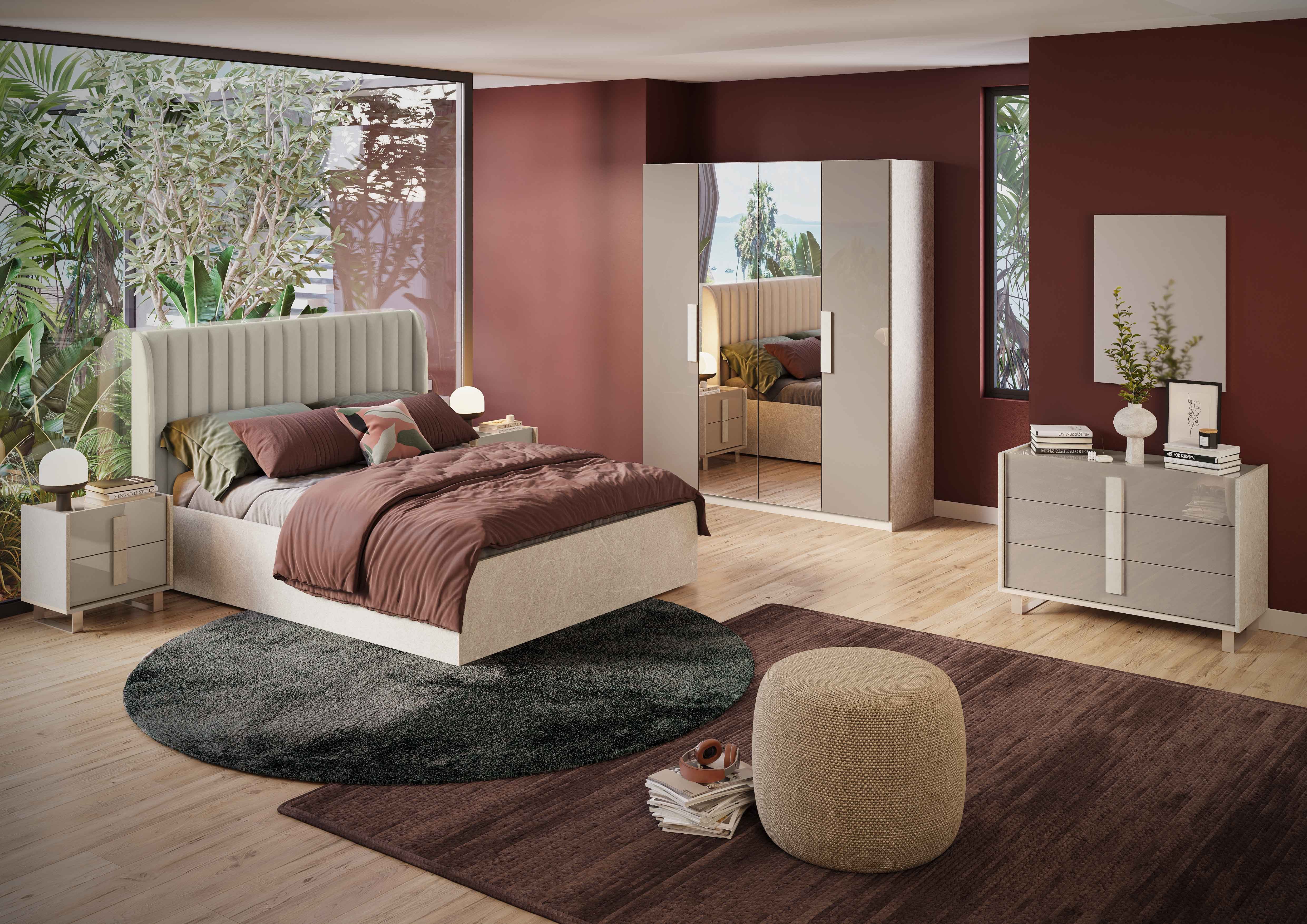 Interdesign24 Schlafzimmer-Set Angelika, (6-Teilig, inkl. Spiegeltüren und gepolstertem Kopfteil, in Taupe/Marmornachbildung Beige), Made in Italy