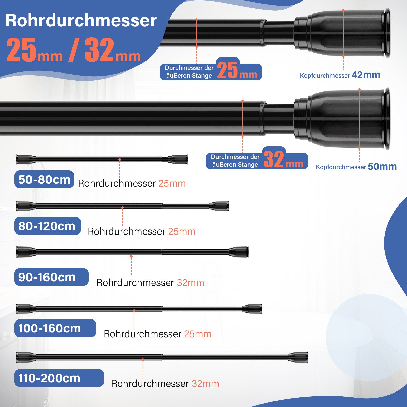 Homewit Duschvorhangstange Ø 25/32 mm, 50-110cm, günstig online kaufen