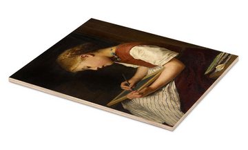 Posterlounge Holzbild Albert Anker, Schulmädchen bei den Hausaufgaben, Malerei