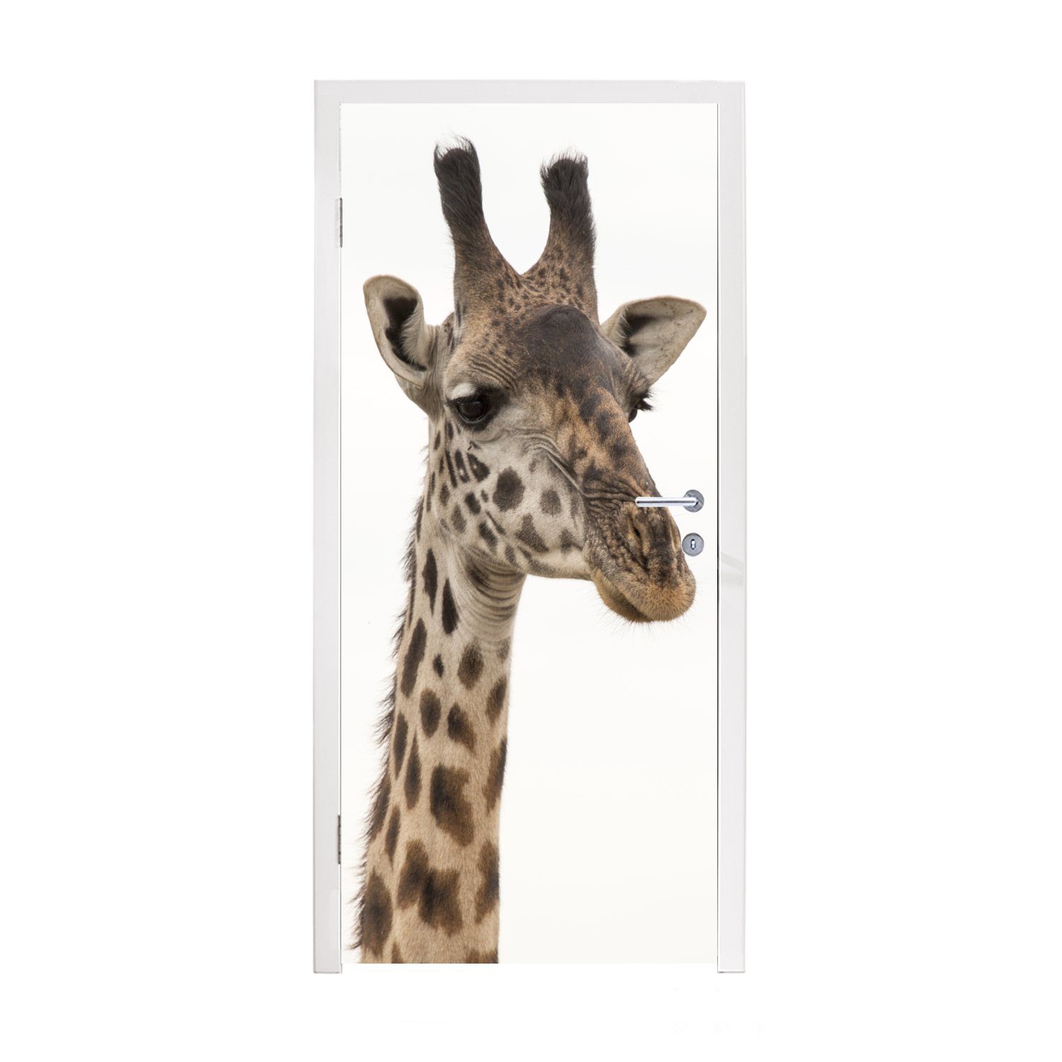 MuchoWow Türtapete Giraffe - Tier - Weiß, Matt, bedruckt, (1 St), Fototapete für Tür, Türaufkleber, 75x205 cm