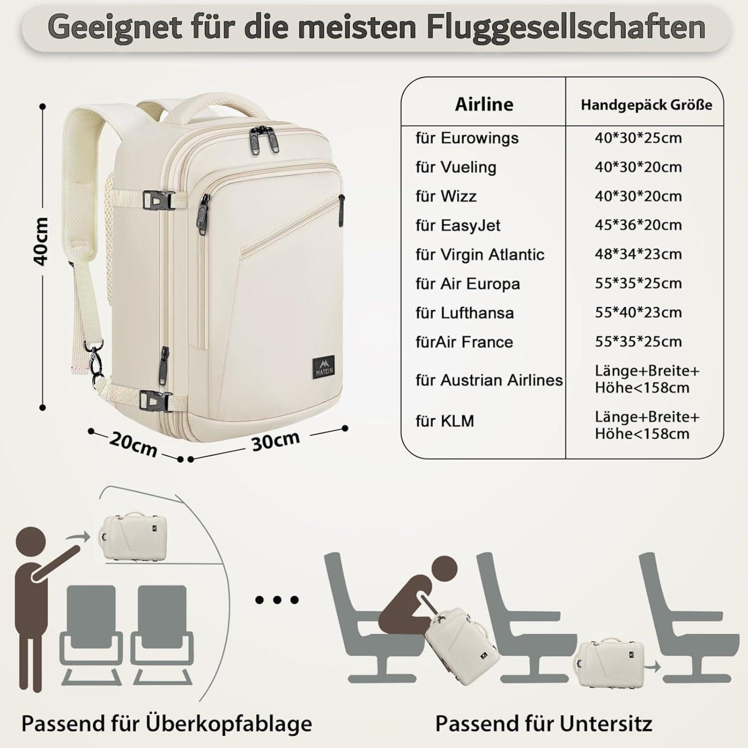 LuxusKollektion Handgepäck-Trolley Handgepäck Rucksack Damen 40x30x20 Ryanair 40x30x20cm Beige