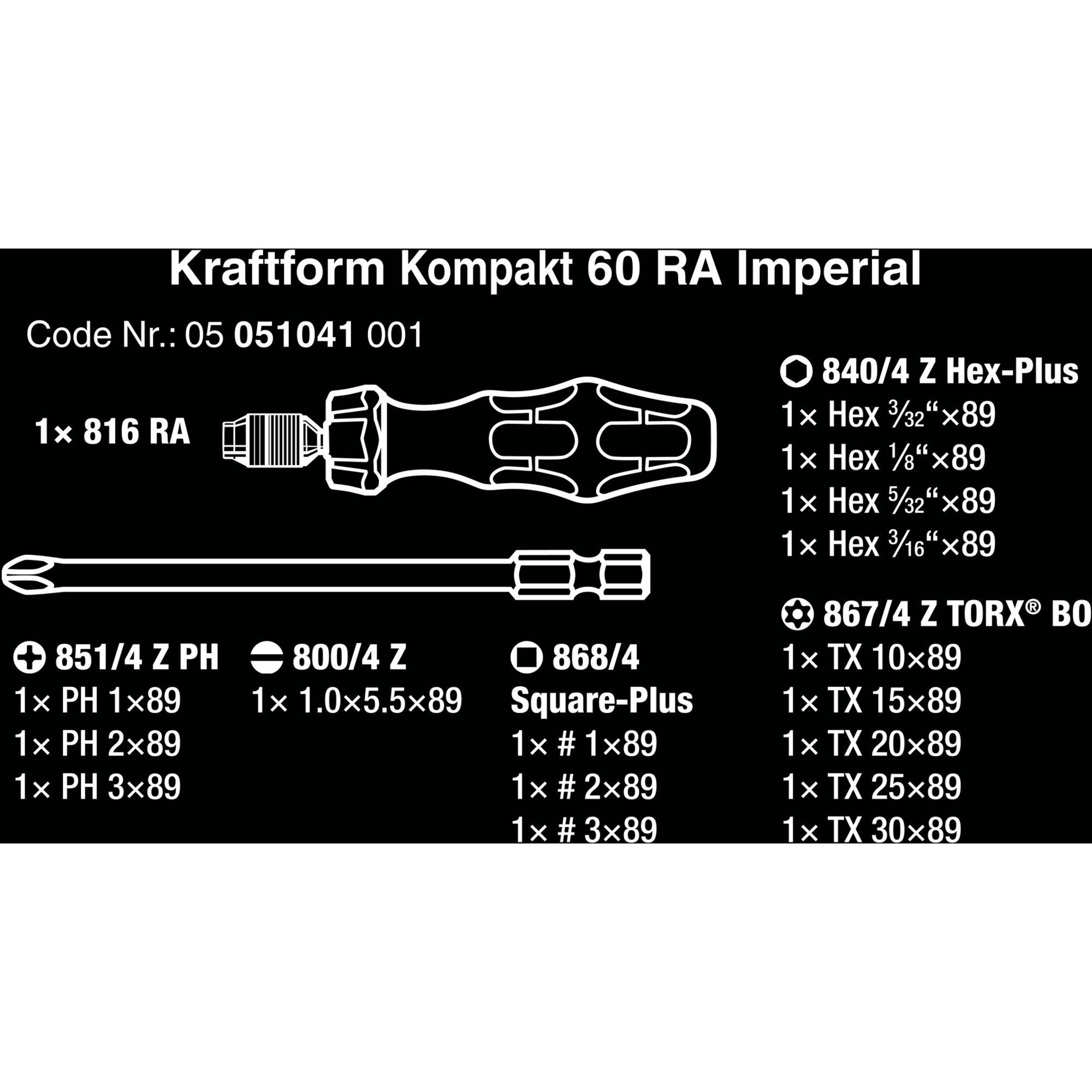 Wera 17-teilig Imperial, Kompakt Kraftform RA Wera Bit-Set 60
