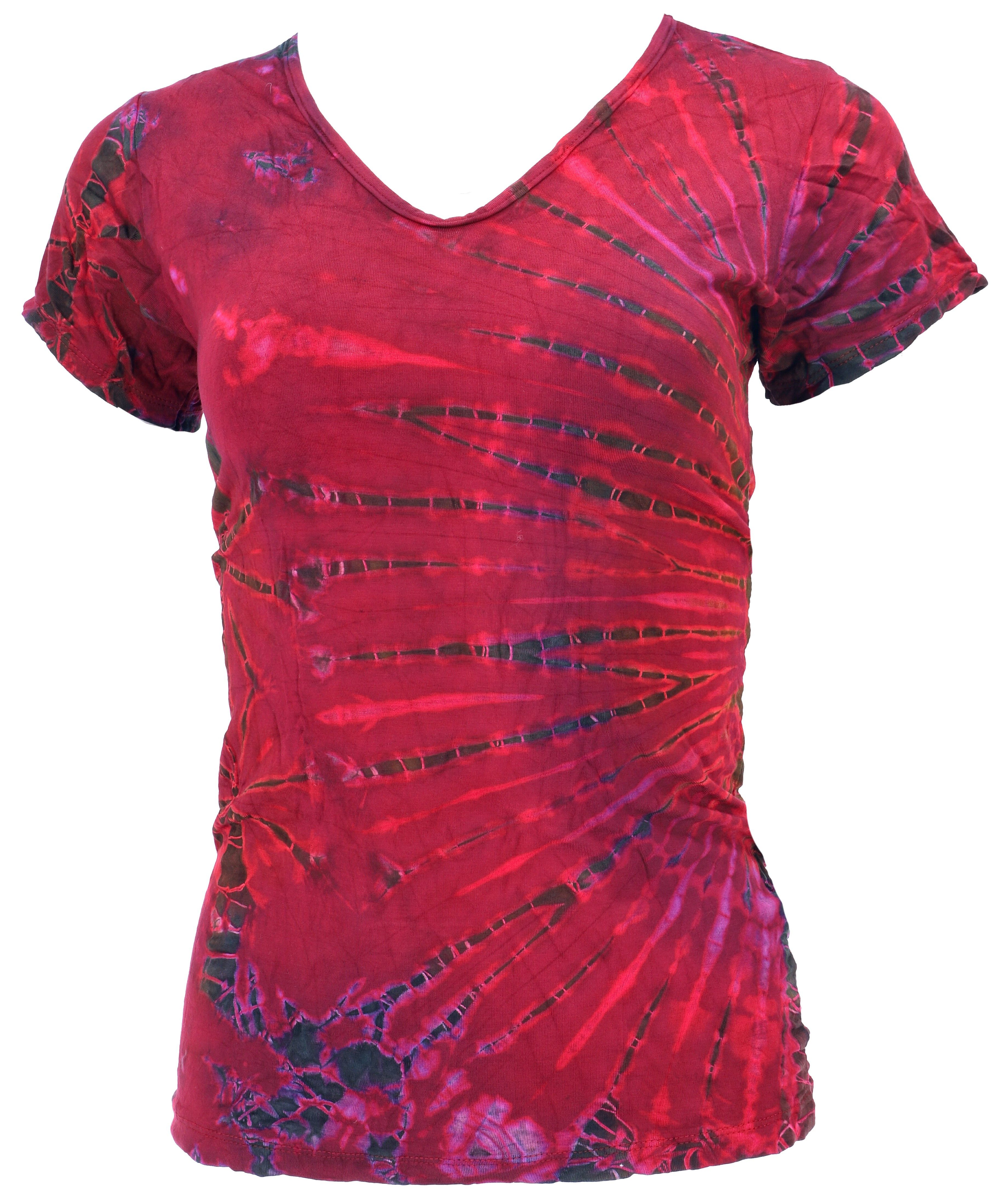 Guru-Shop T-Shirt Batik Hippie T-Shirt mit V-Auschnitt - pink Hippie, alternative Bekleidung, Festival, Ethno Style