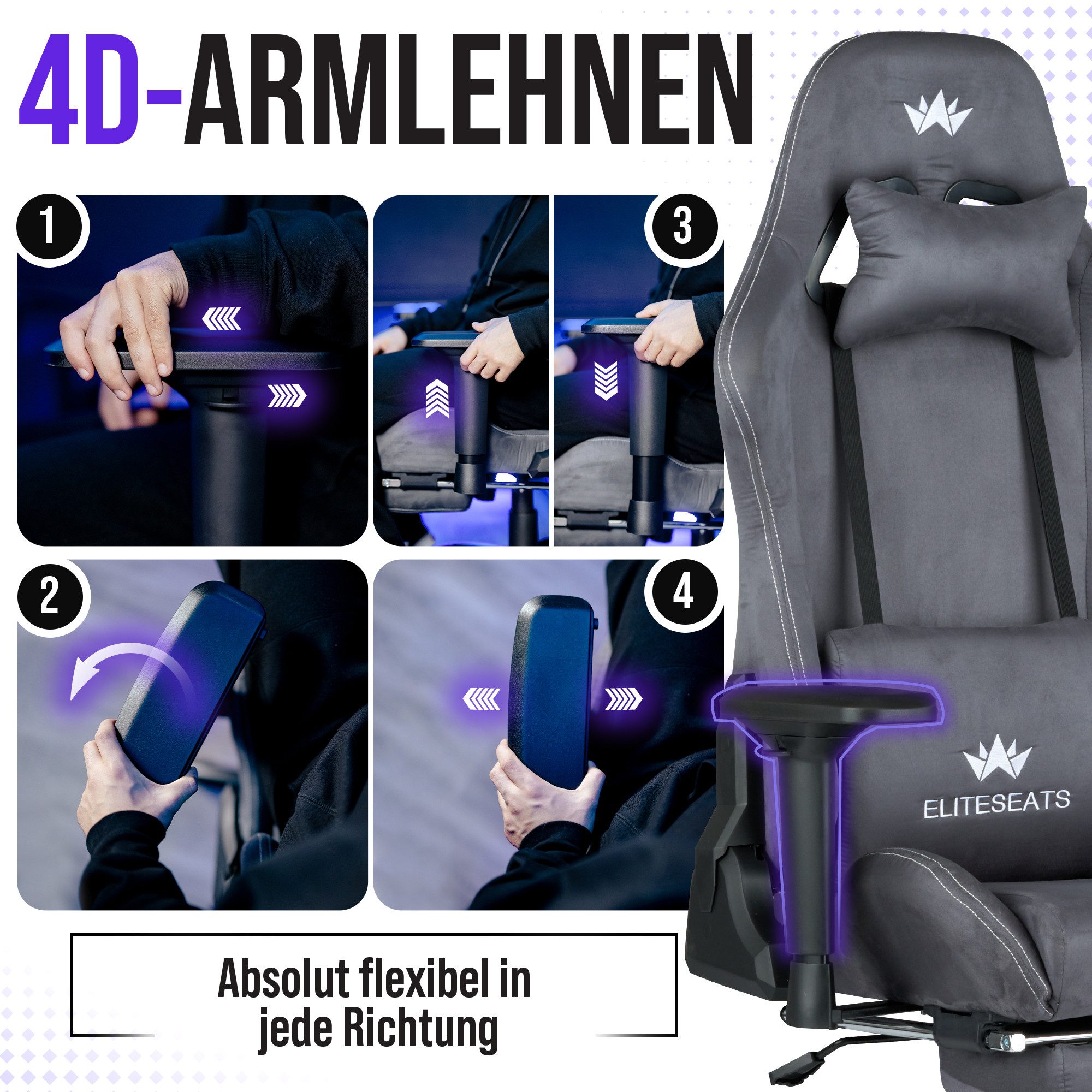 ELITESEATS Gaming-Stuhl Ergonomisch [TESTSIEGER] Kratzerfreie Rollen Atmungsaktiv (Gaming Sessel mit 4D-Armlehnen, Fußstütze), Ergonomischer Schreibtischstuhl 1 – Bild 5 von 5