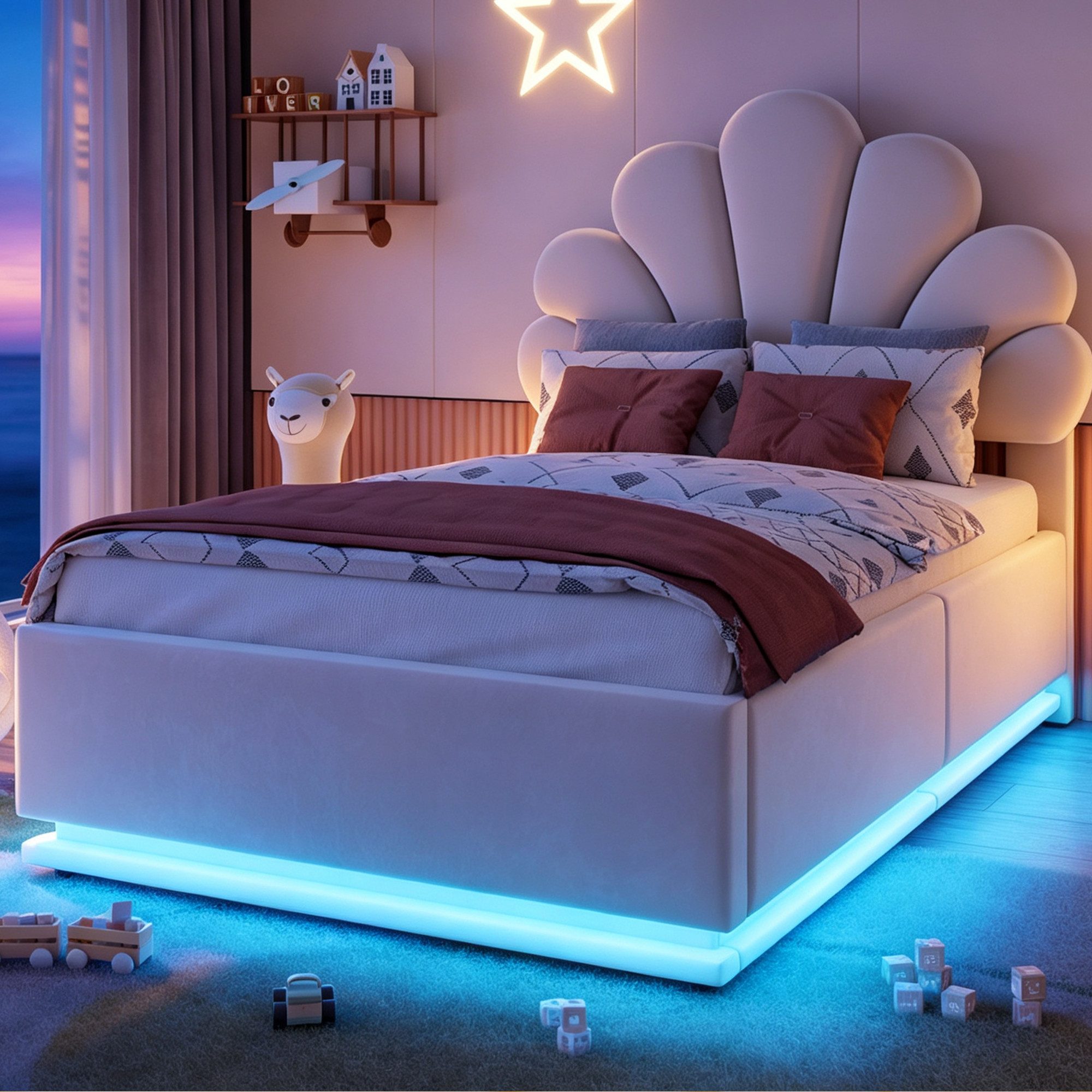Merax Polsterbett 90x200cm mit LED-Beleuchtung & Blütenkopfteil (1-tlg), Kinderbett mit hydraulischem Stauraum & Metallrahmen, Samt Jugendbett – Bild 2 von 5