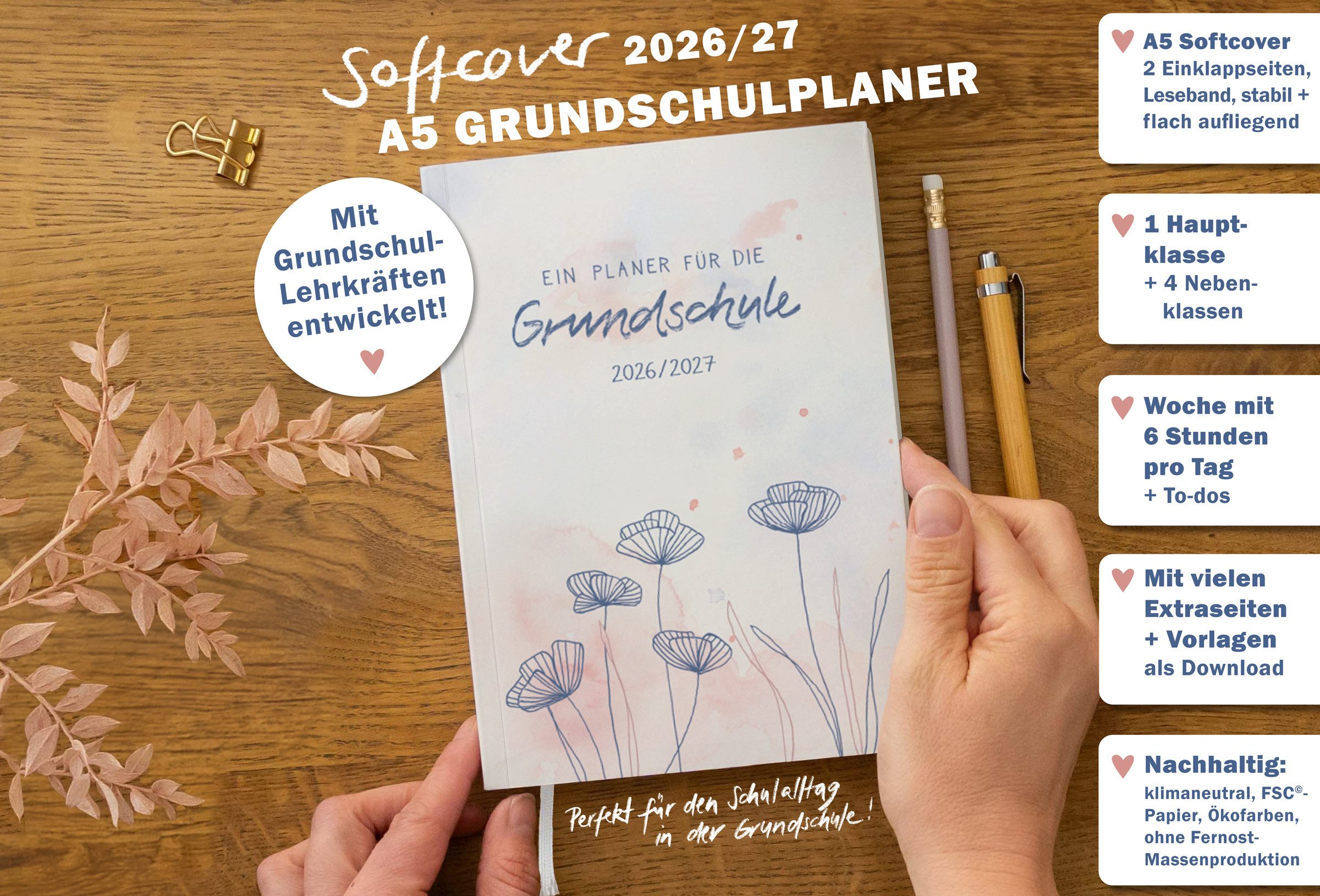 Eine der Guten Verlag Lehrerkalender Grundschulplaner 2026 2027 - A5, rosa, 1 Doppelseite / Woche, Schuljahr 26/27, 216 S. Softcover, klimaneutral