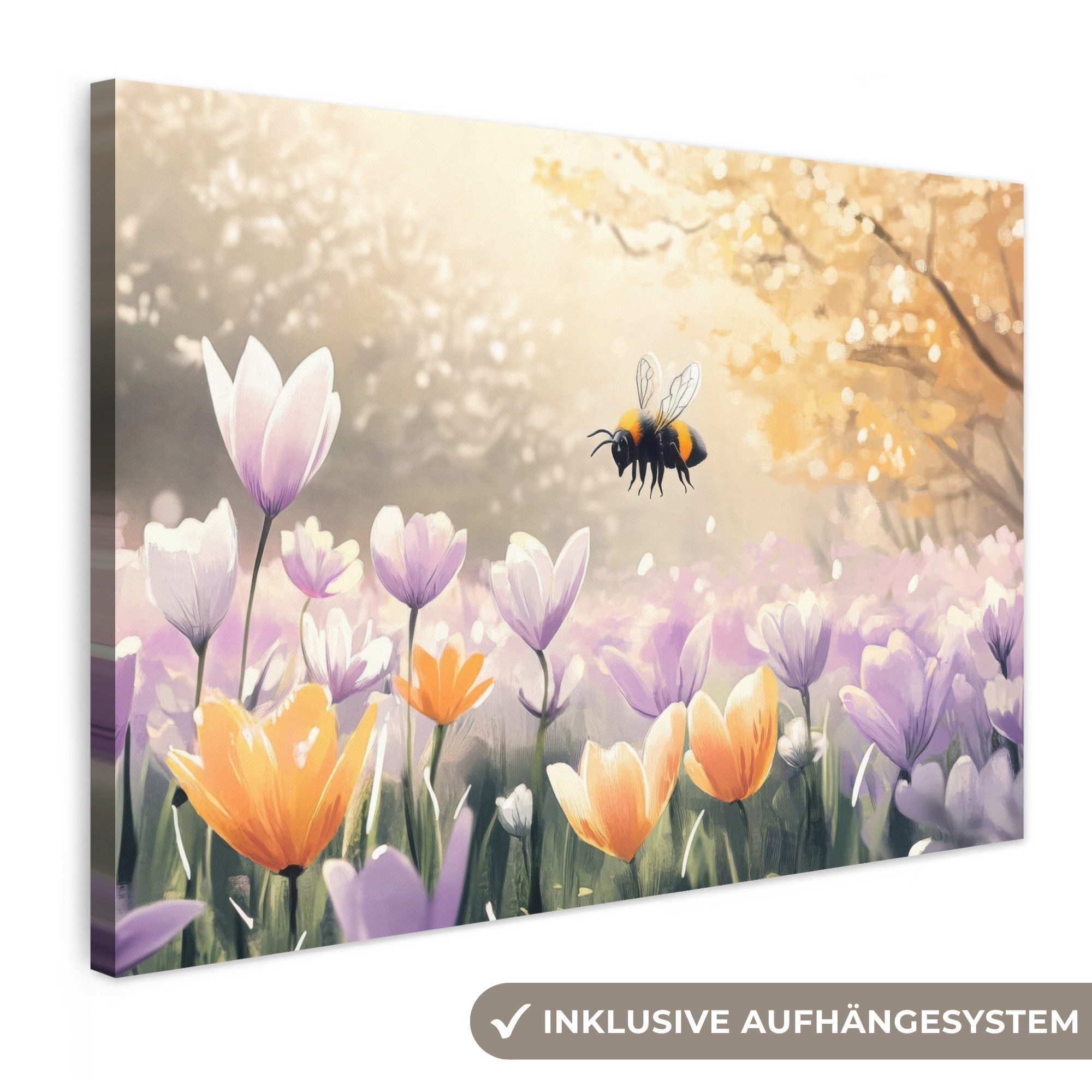 OneMillionCanvasses® Leinwandbild Veilchen - Biene - Sonnenlicht, Fotodruck (1 St), Leinwand Bilder groß für Wohnzimmer 140x90 cm