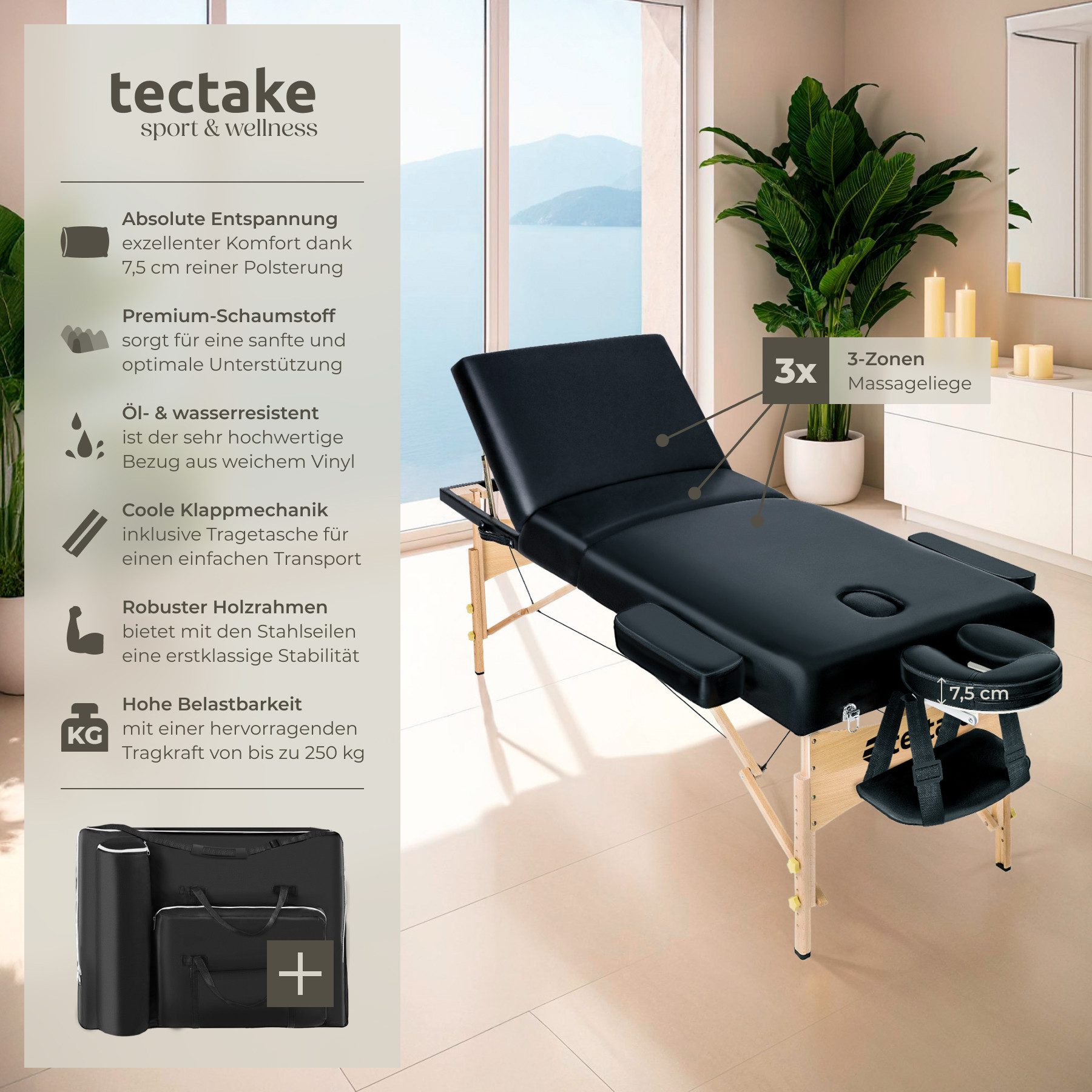 tectake Massageliege 3-Zonen-Massagetisch-Set, 218 x 102 x 90 cm, Polsterung 7,5 cm (Kosmetikliege Somwang, 1-St., in schwarz), Breite 70 cm, Tragetasche, mit Holzgestell, klapp- & höhenverstellbar