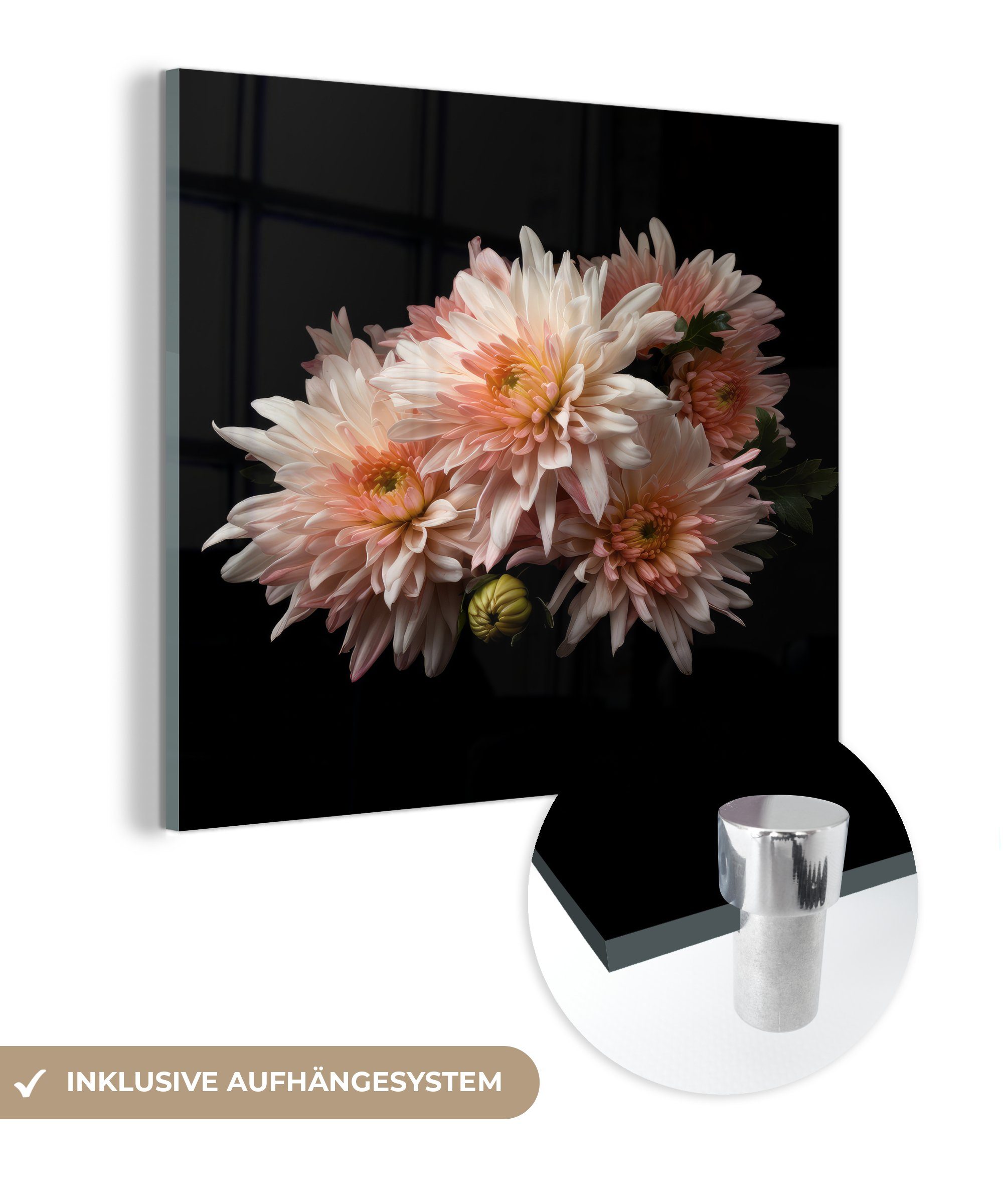 MuchoWow Acrylglasbild Chrysantheme - Blumen - Weiß - Natur - Schwarz, (1 St), Glasbilder - Bilder auf Glas Wandbild - Foto auf Glas - Wanddekoration