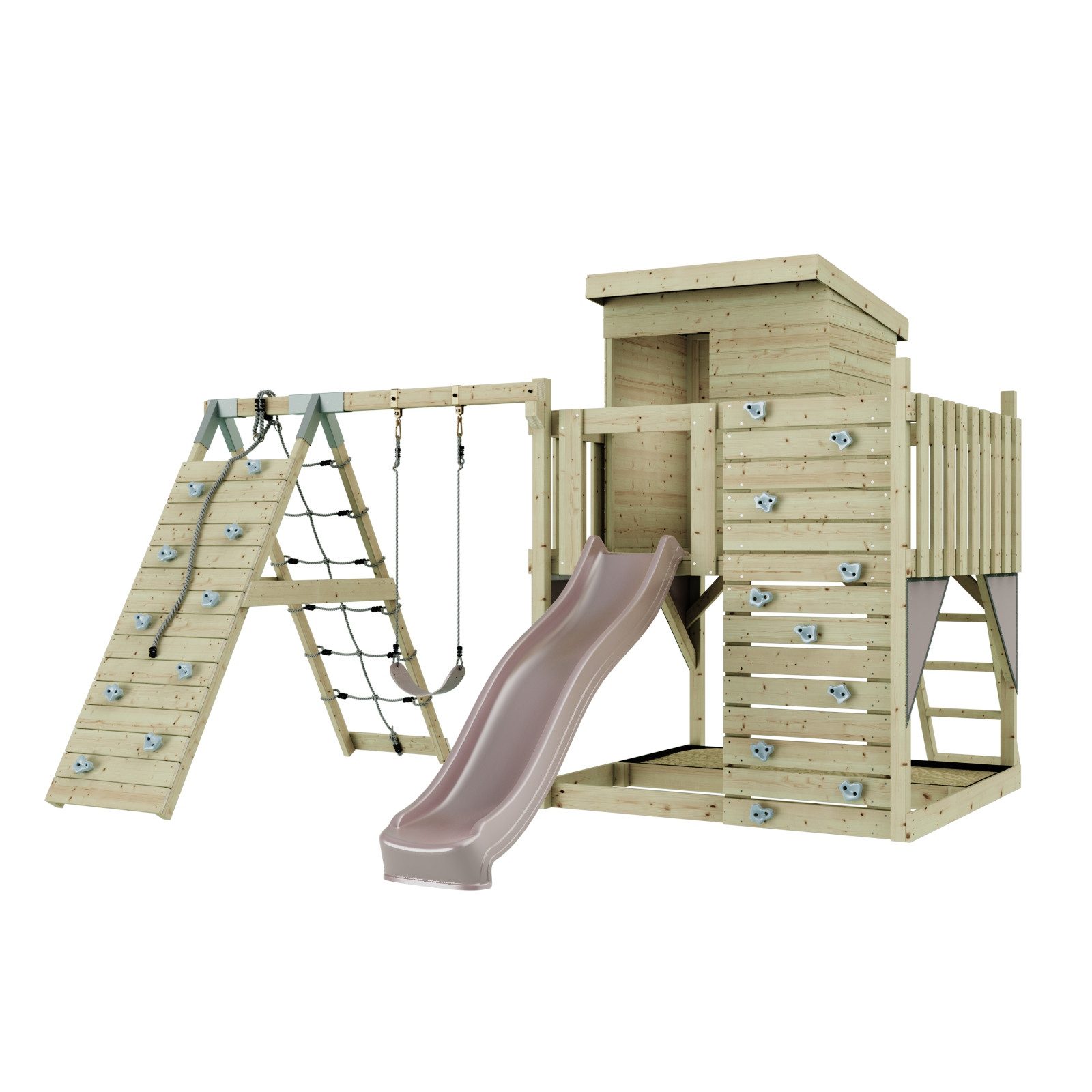 OutdoorToys Spielturm Freja aus Holz in Altrosa mit Kinderschaukel & Rutsche, Kletterwand, aus Holz in Altrosa mit Kinderschaukel & Rutsche, Kletterwand