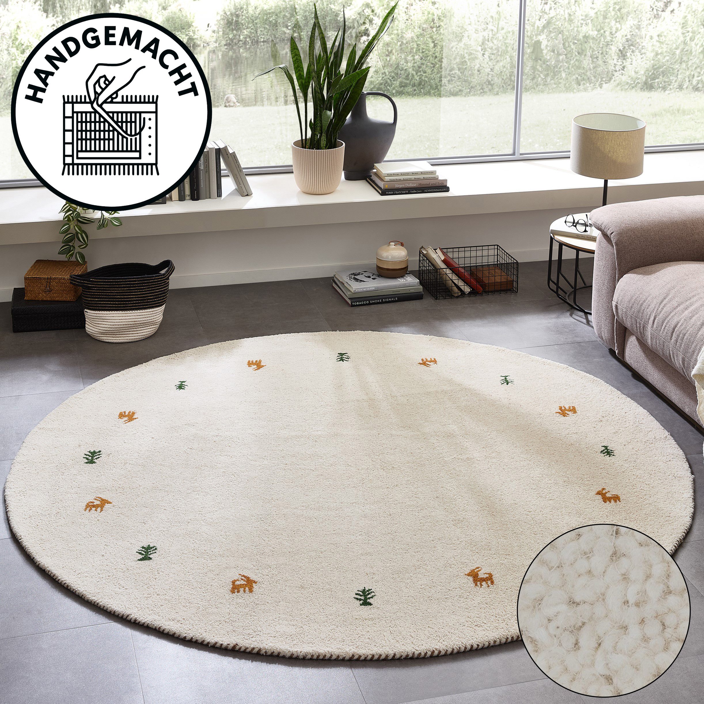THEKO Wollteppich Gabbeh Motiv, Handgefertigt, Teppich, Tiermotiv, reine Wolle, rund, Höhe: 14 mm, reine Wolle, Wohnzimmer, Schlafzimmer, Esszimmer