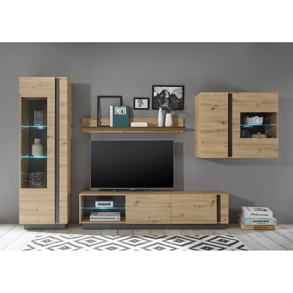 Lomadox Wohnwand CARDIFF-61, (Mega-Spar-Set, 4-St), Artisan Nb. mit Absetzungen in Graphit grau 315/194/40 cm