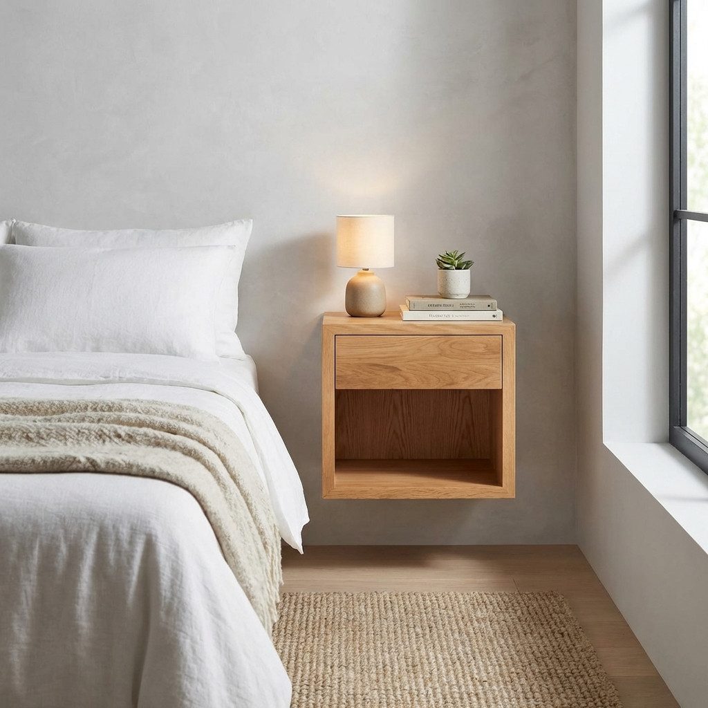 Woodek Design Nachttisch HUGO, elegantes Wandregal im skandinavischem Design H39 x B39 x T30cm (Ablagetisch aus matt lackiertem massivem Eichenholz, 1-St., schwebender Wandschrank), Nachtkommode mit Schublade und Ablage