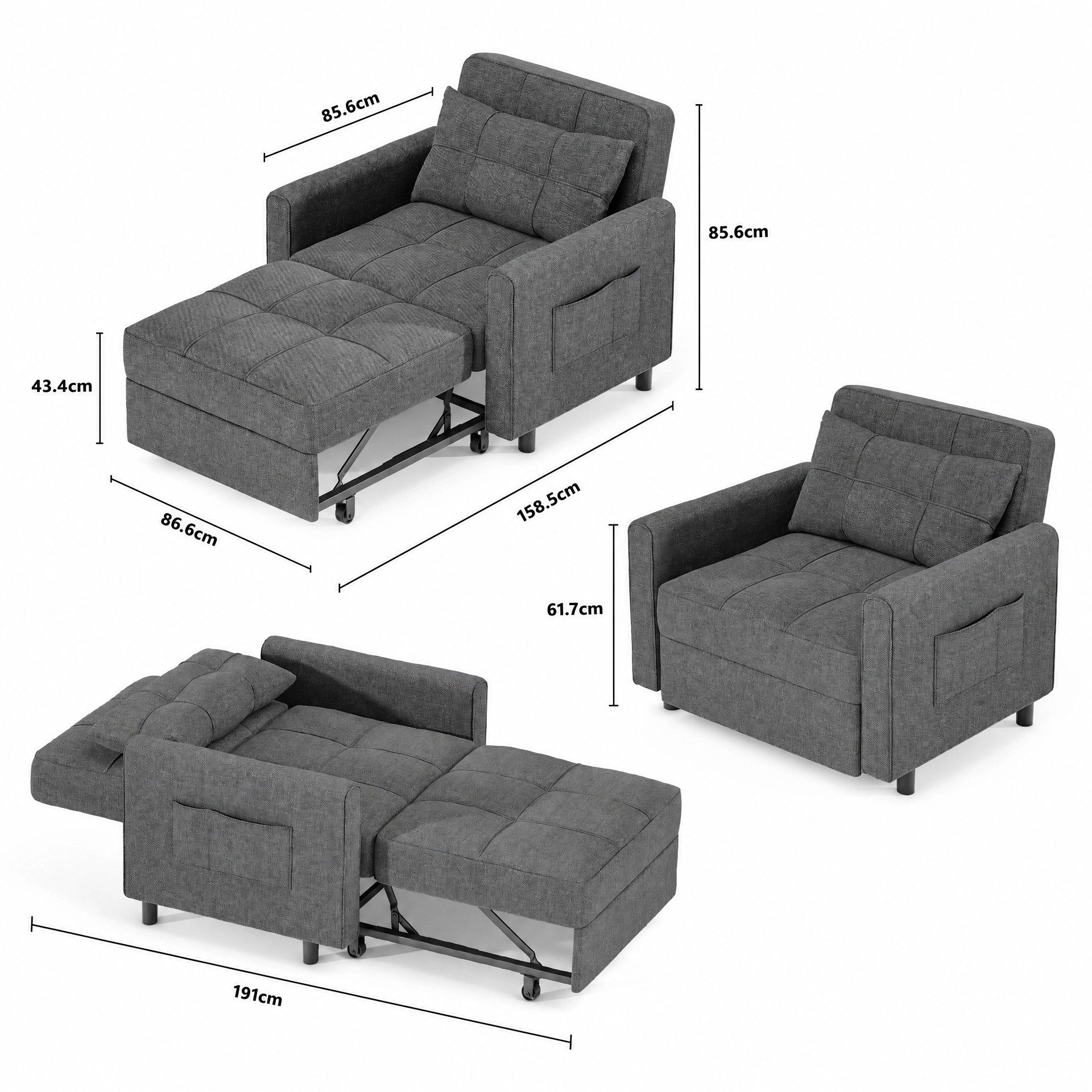 Blishom Sessel Ausziehbarer Schlafsessel 3-in-1, platzsparend, für Gästezimmer (Relaxsessel mit Hocker), die Rückenlehne lässt sich in vier Stufen verstellen