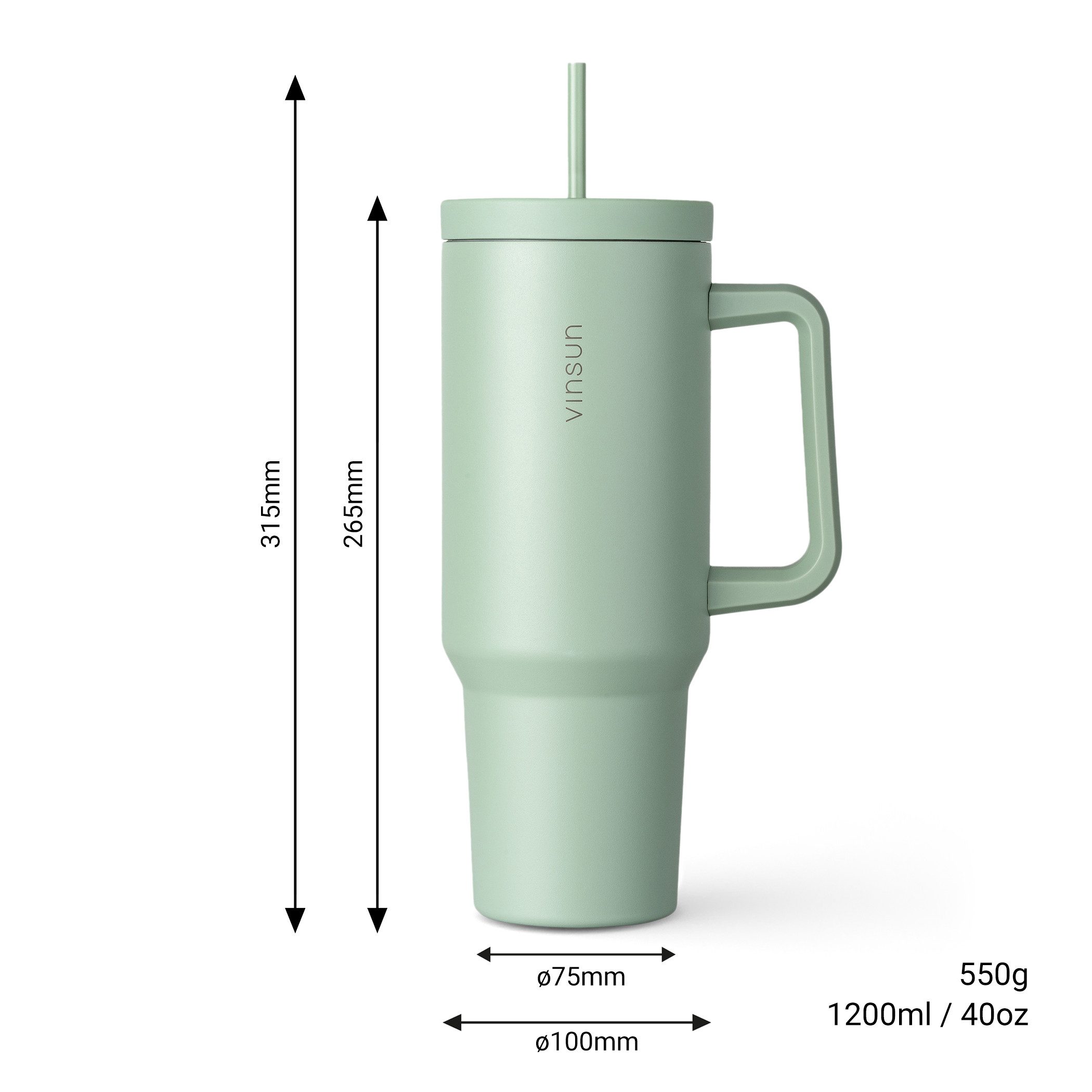 Vinsun Thermobecher Edelstahl Tumbler 1200ml 40oz - Isolierbecher mit Strohhalm und Henkel, 5-tlg., Edelstahl, Doppelwandig isoliert, BPA frei, bruchfest, Kalt- und Heißgetränke