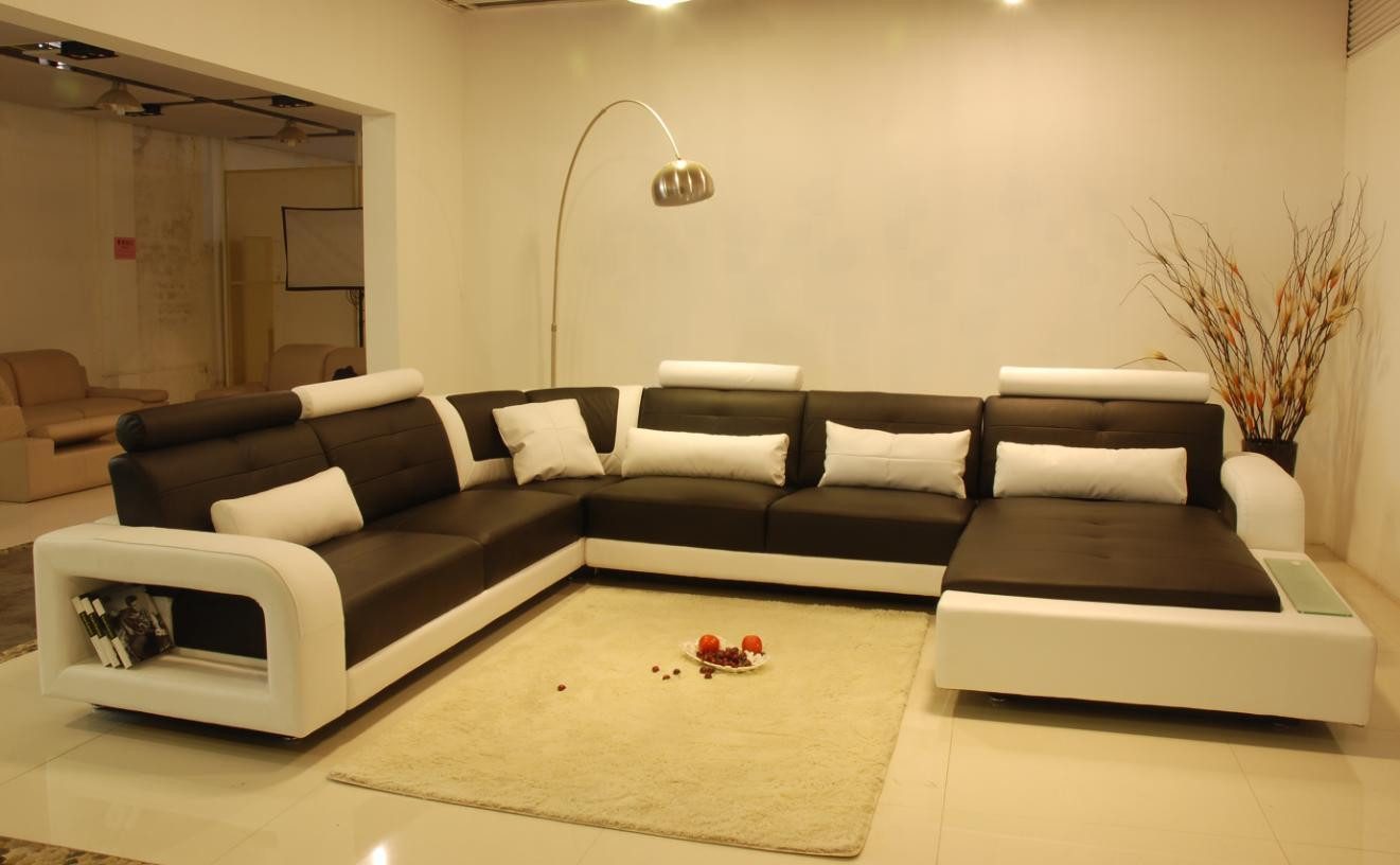 Wohnlandschaft Ecksofa aus Leder und Kunstleder in Schwarz und Weiß