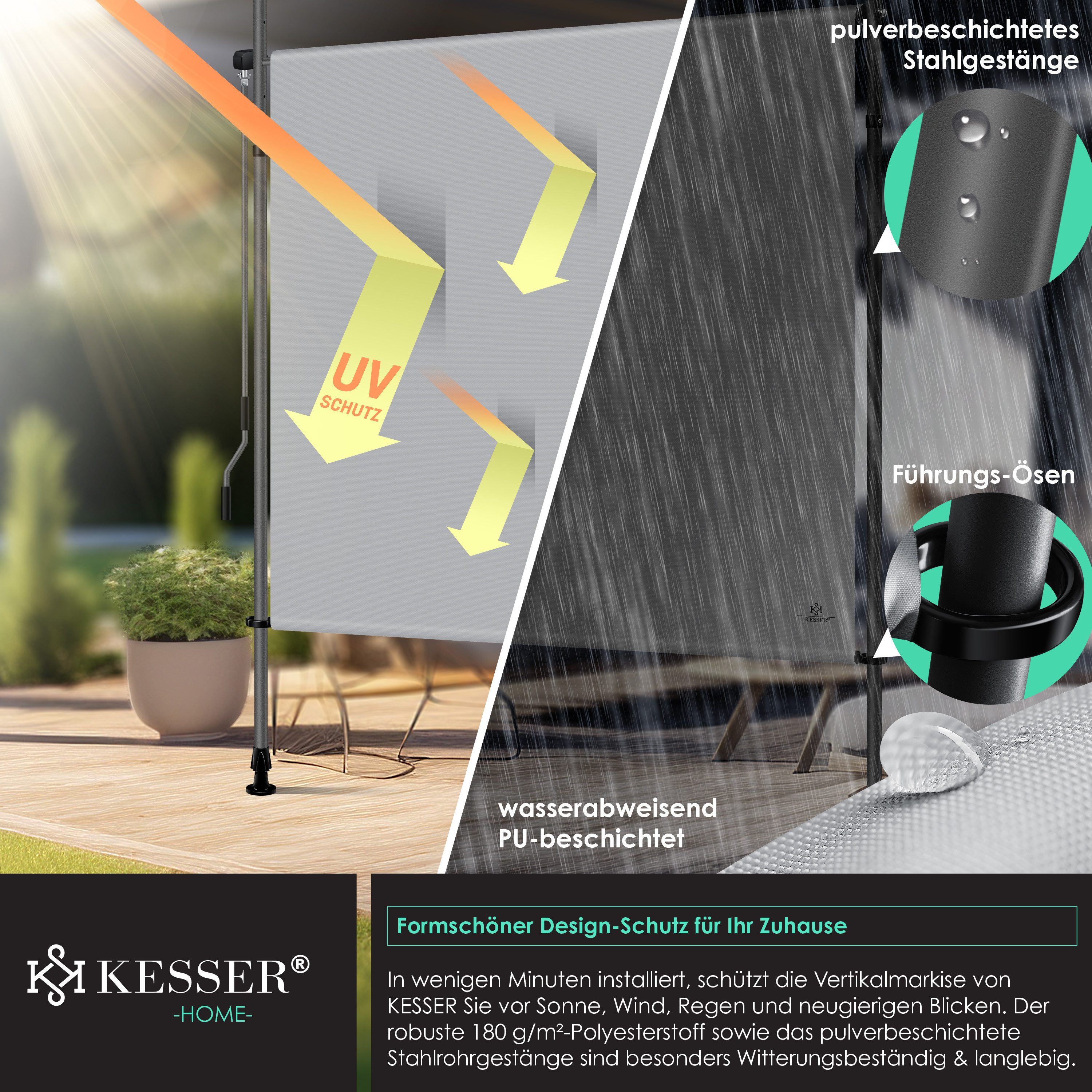 KESSER Senkrechtmarkise Klemmmarkise Ausziehbar Blickdicht Vertikal Markise mit Handkurbel