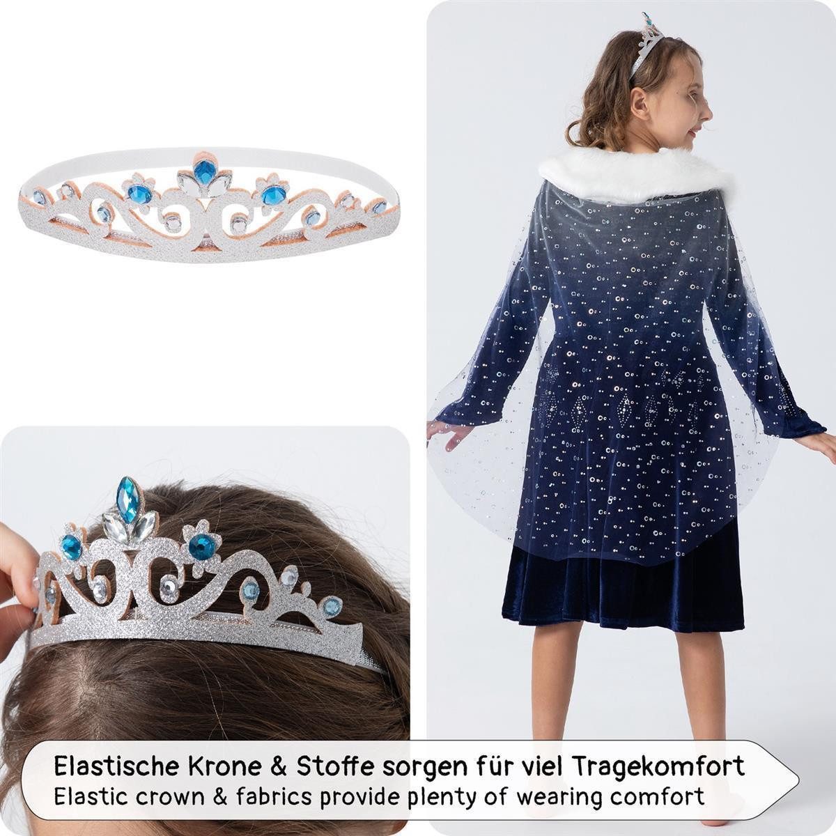 Corimori Princess Costume Elastic Frozen Dress, with Tattoos & Tiara, Elsa, Frozen, Princess Dress, Carnival, Dark Blue, Size 140/146