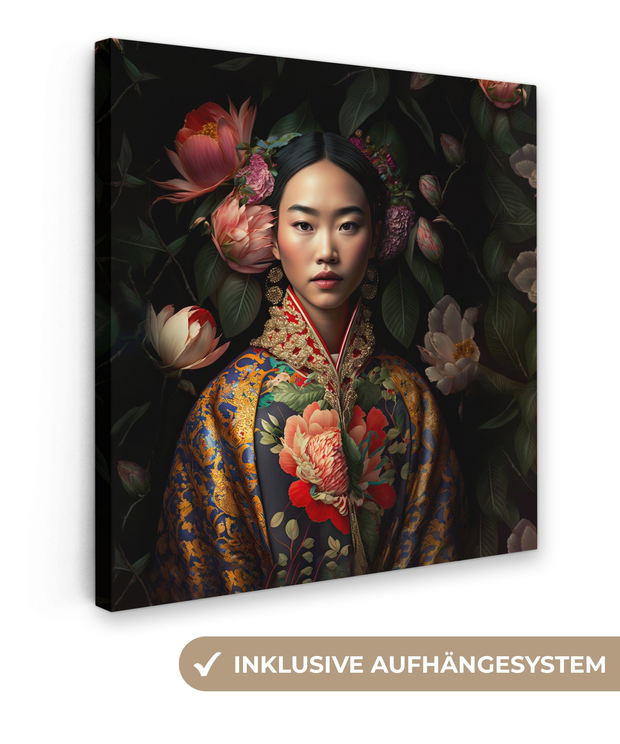 OneMillionCanvasses® Leinwandbild Frau - Asiatisch - Kimono - Blumen - Porträt, (1 St), Leinwand Bilder für Wohnzimmer Schlafzimmer