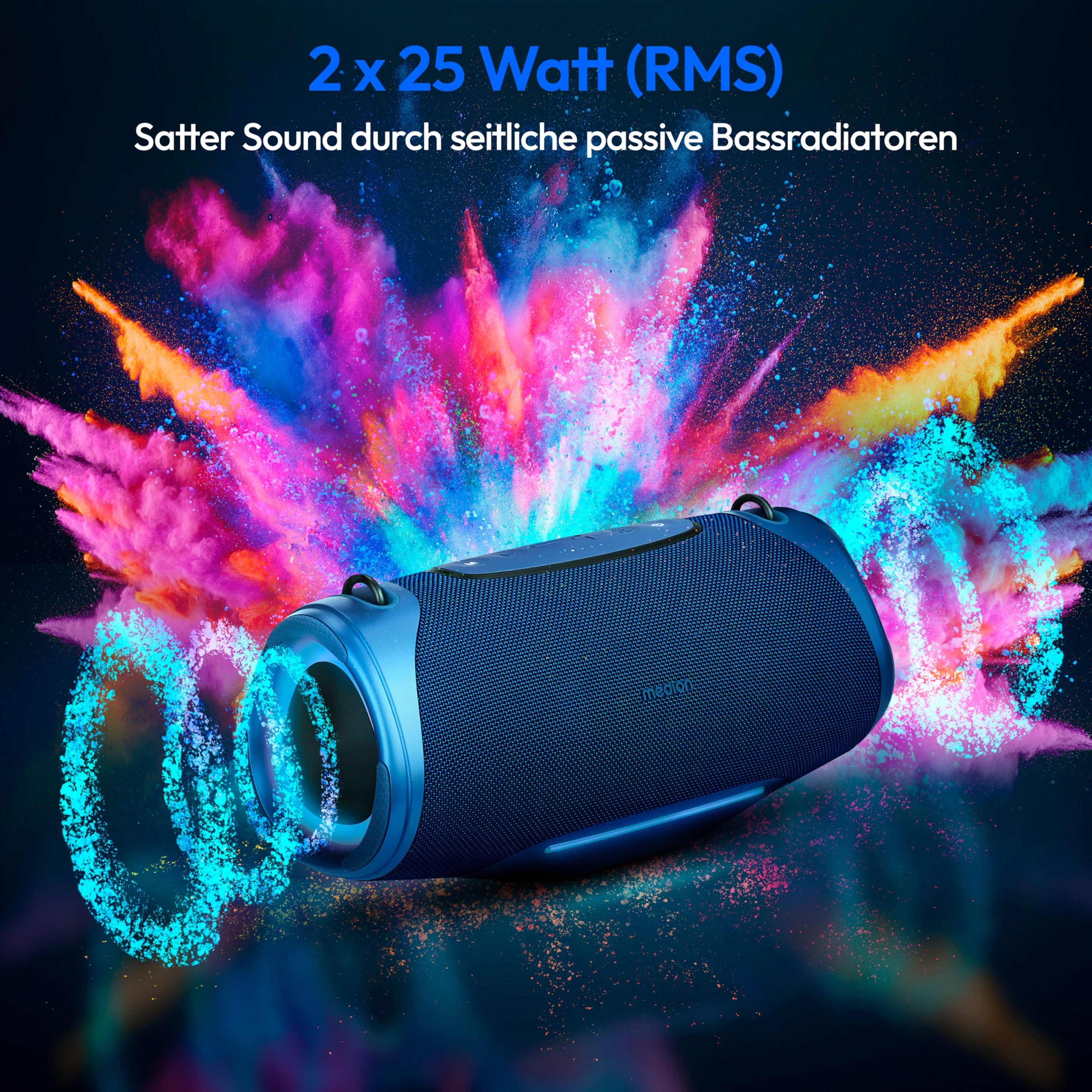 Medion® LIFE® P61762 (MD 43762) L Bluetooth-Lautsprecher (A2DP Bluetooth, AVRCP Bluetooth, Bluetooth, 50 W, tragbar, Bass Boost, Musikbox, RGB, IPX7, Powerbank, Blau)