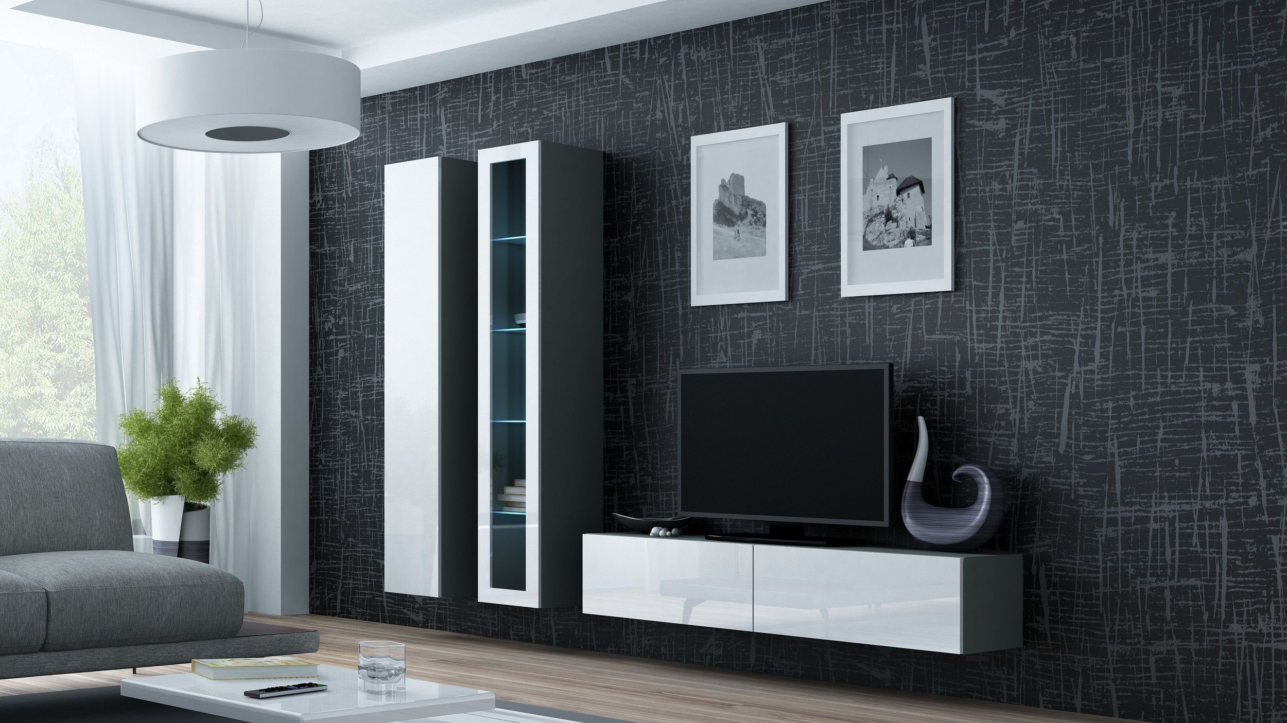 Stylefy Wohnwand Vago X, (Set (3-St), Wohnmöbel, Wohnzimmer-Set), bestehend aus 1xLowboard, 1xHängevitrine und 1xHängeschrank, inkl. LED-Beleuchtung, mit Push-to-Open, Glaselemente Grau Matt - Weiß Hochglanz