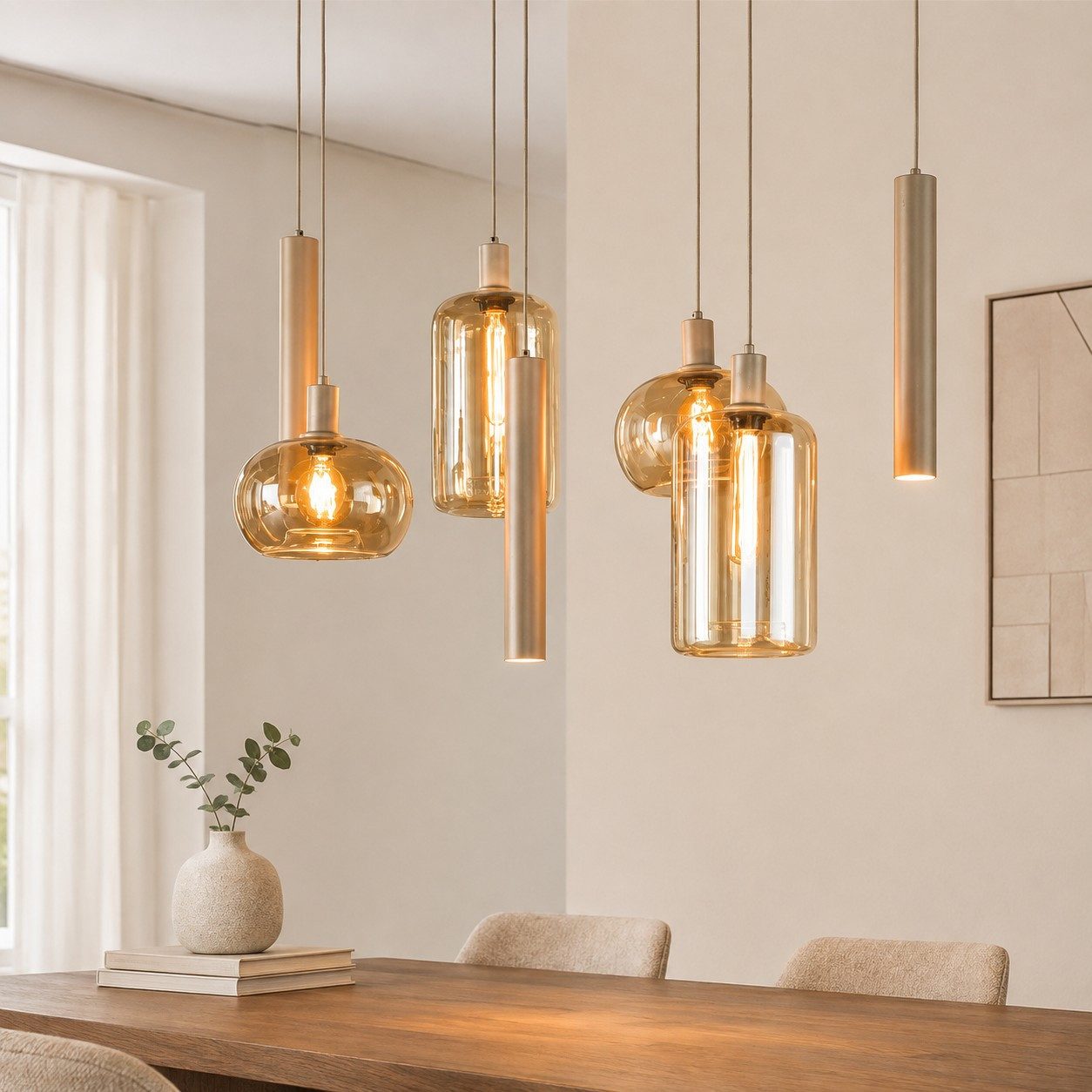 leven! Annekathrin Storkebaum LED Pendelleuchte Pendellampe LUMORA 7 flammig 110 cm Glas beige höhenverstellbar, 4 × E27, 3 × GU10 (Leuchtmittel nicht enthalten), Individuell höhenverstellbar, warme Lichtwirkung