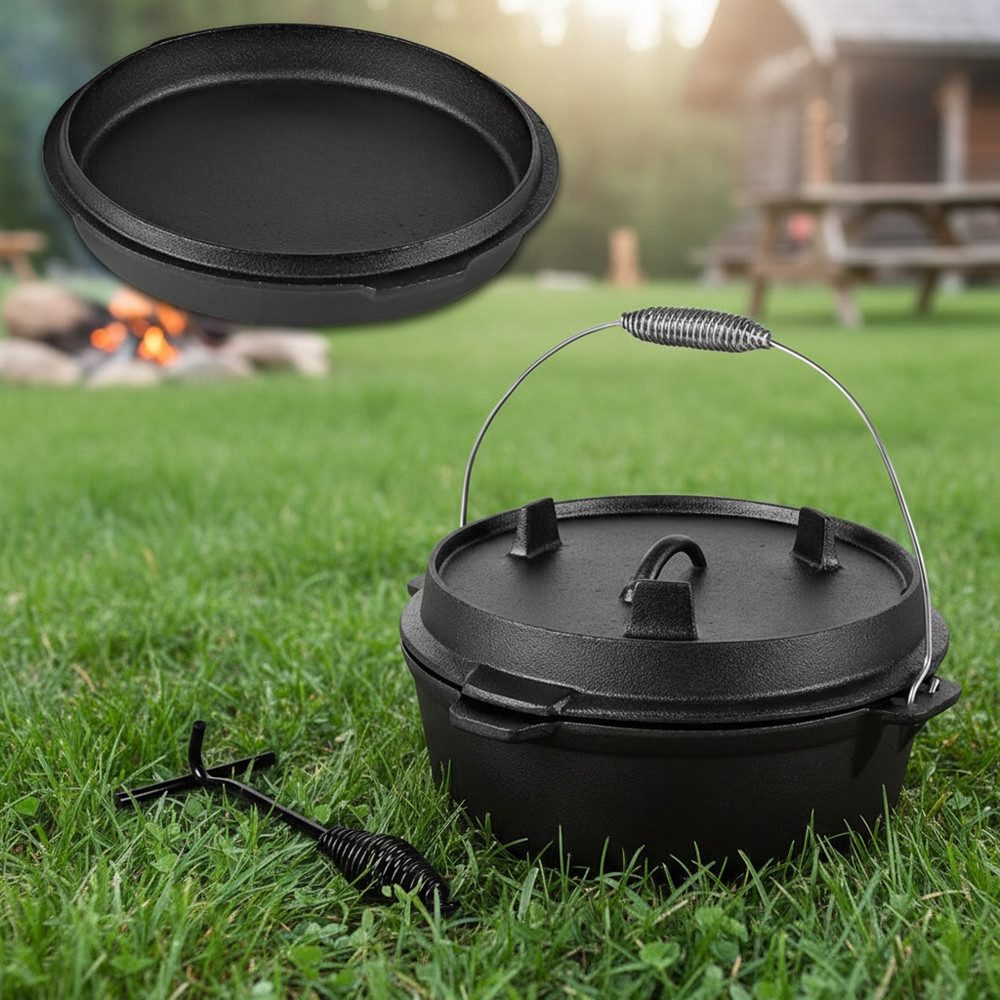 Melko Feuertopf Kochkessel Dutch Oven aus Gusseisen Outdoorküche Feuertopf BBQ, Gusseisen (Stück), Der Deckel kann als Bratpfanne genutzt werden