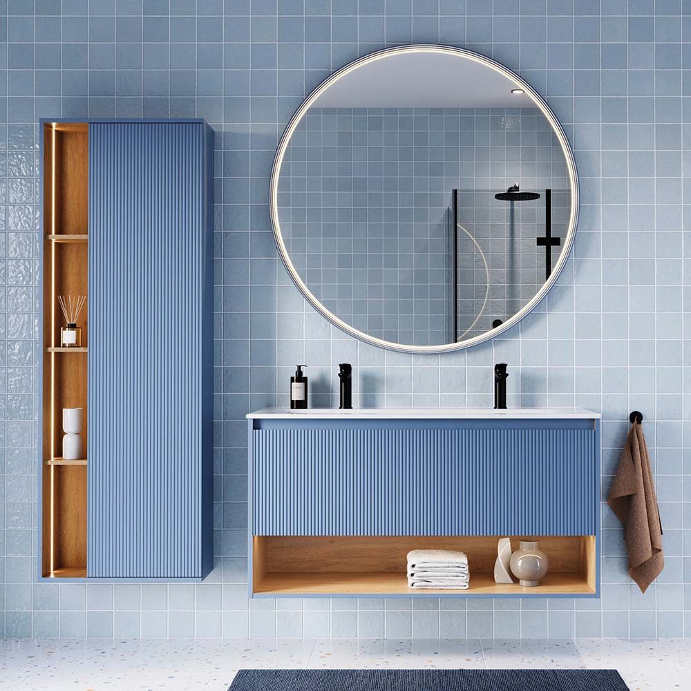 Bernstein Badmöbel-Set BELDIVO 120cm Azurblau matt Set 4-tlg, Badmöbel Set 120cm Keramik Waschbecken Hochschrank LED-Spiegel