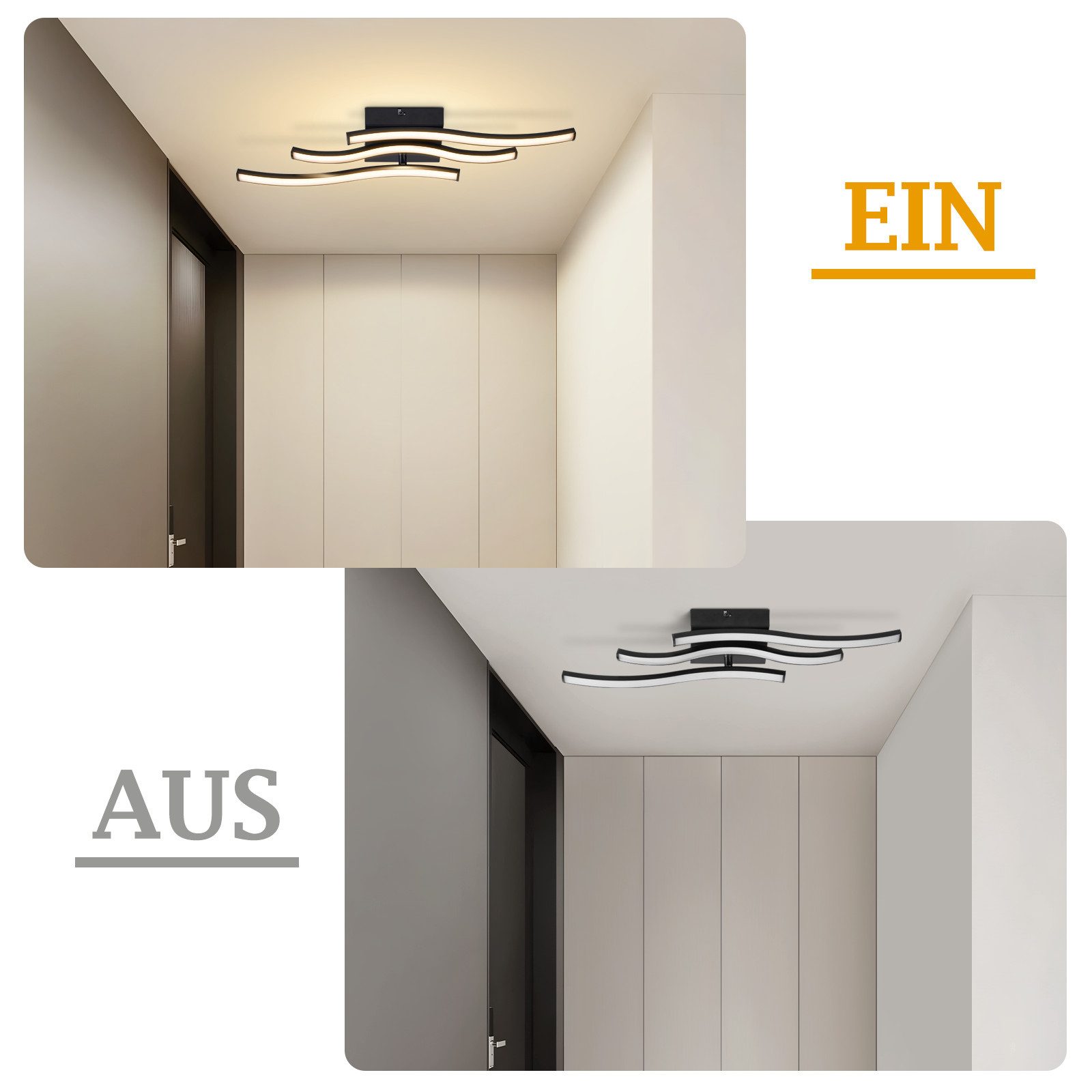 ZMH LED Deckenleuchte Wohnzimmer Schwarz Wellen Design Modern Deckenlampe 3000K Flur Küche, Warmweiß, 6/12W Küchenlampe Innen Schlafzimmerlampe