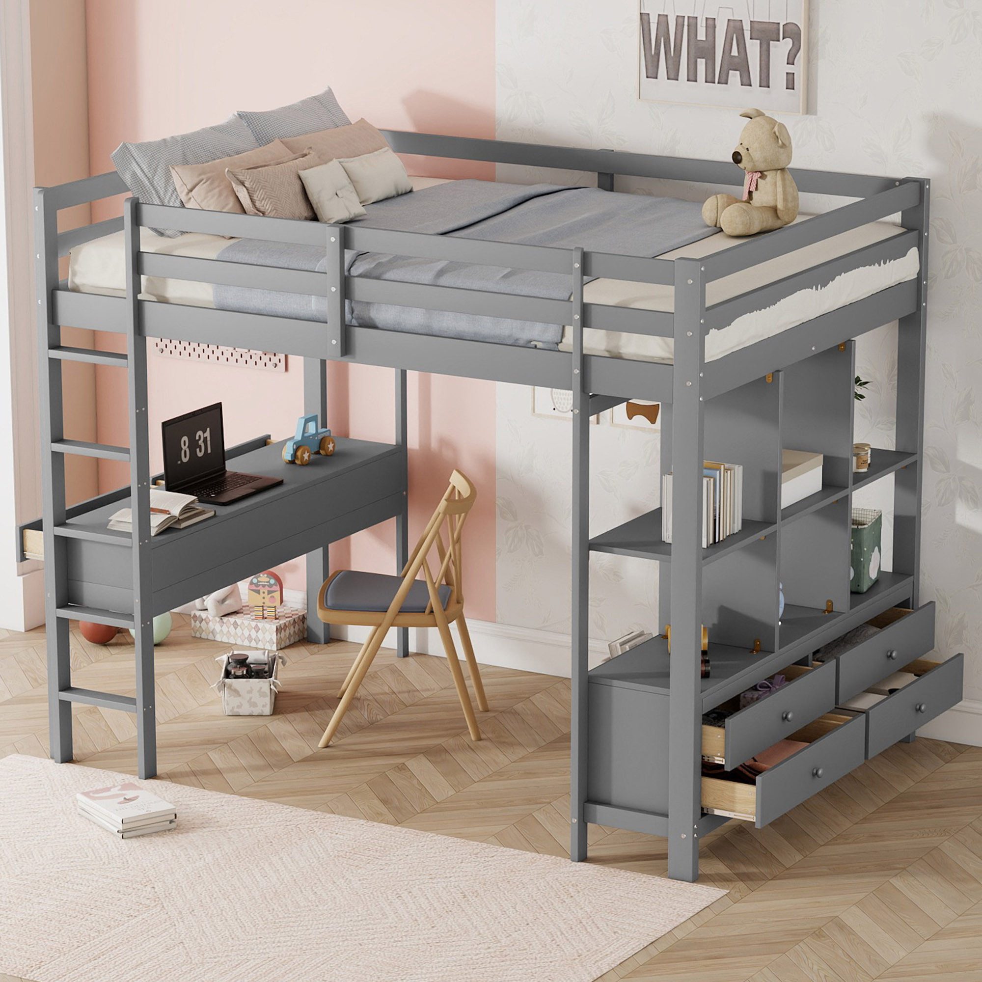 Flieks Hochbett Kiefer Kinderbett mit Schreibtisch günstig online kaufen
