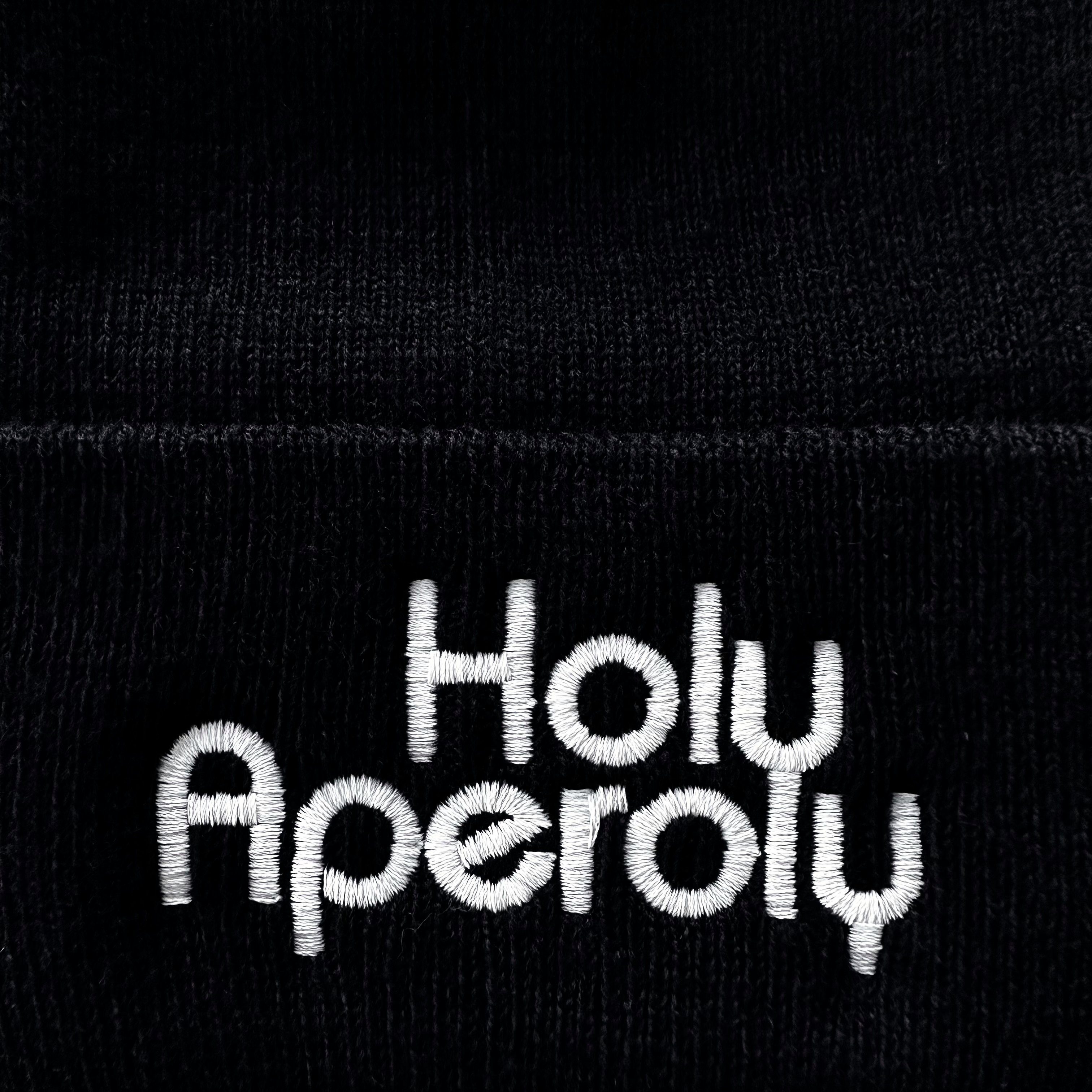 Schnoschi Strickmütze Wintermütze Holy Aperoly (unisex) bestickt Statement Spruch Streetwear mit breitem Umschlag