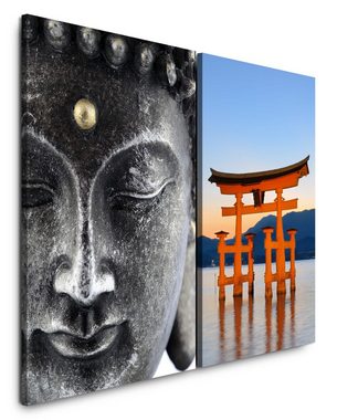 Sinus Art Leinwandbild 2 Bilder je 60x90cm Itsukushima-Schrein Buddhakopf Japan Meditation Ruhe Stille Yoga