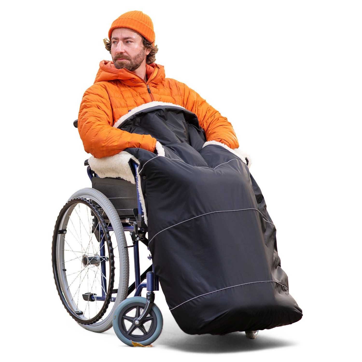 novely® Fußsack KARLO PRO Rollstuhl-Fußsack Lammwolle/Polyester für Rollstühle mit Arm, Wetterfest; Thermo-warm und Ultraweich
