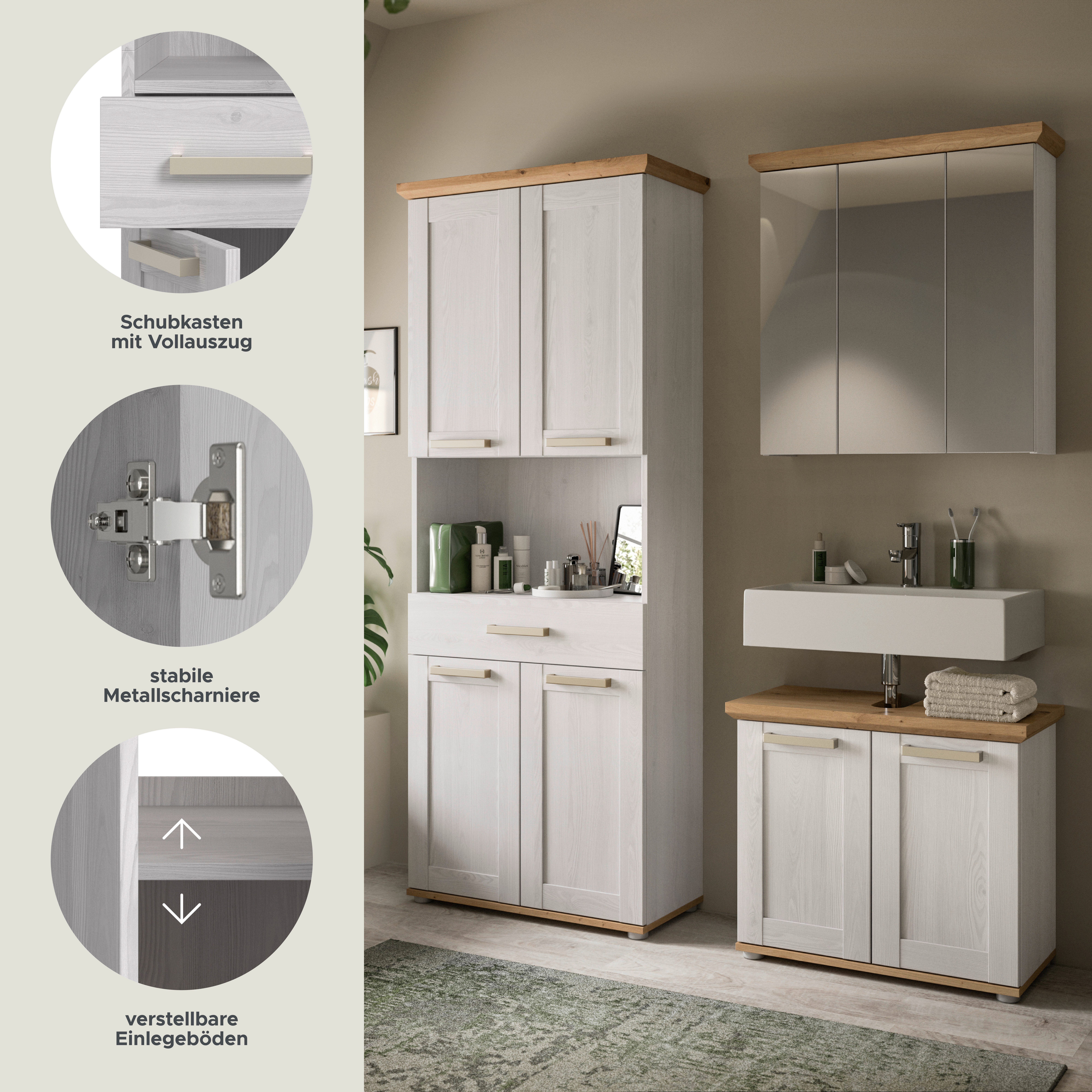 welltime Badmöbel-Set COSENZA, 3-teilig, in Landhausoptik, mit farblich abgesetztem Kranz, (3-St., best. aus: Hochschrank, Spiegelschrank und Waschbeckenunterschrank), Bad-Kombination, Badezimmer, Kombi, Bad, Bad-Möbel