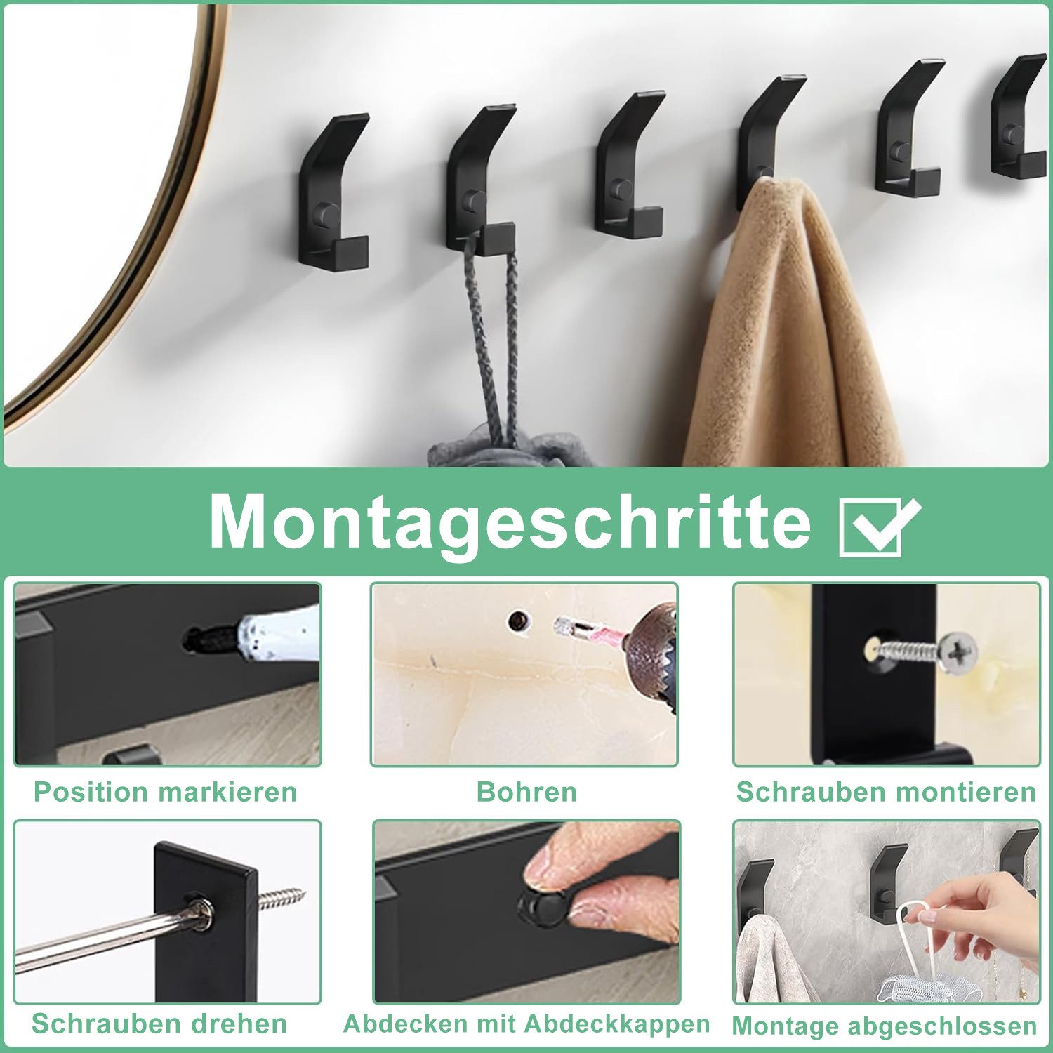 Fyrove Kleiderhaken, Garderobenhaken, Kleiderhaken zum Schrauben, Wandgarderobe, (Haken für Akustikpaneele, Schlafzimmer, Wohnzimmer, Badezimmer, (6-St), Wandhaken für Garderobe, Jacken, Hut, Metall, Schwarz)