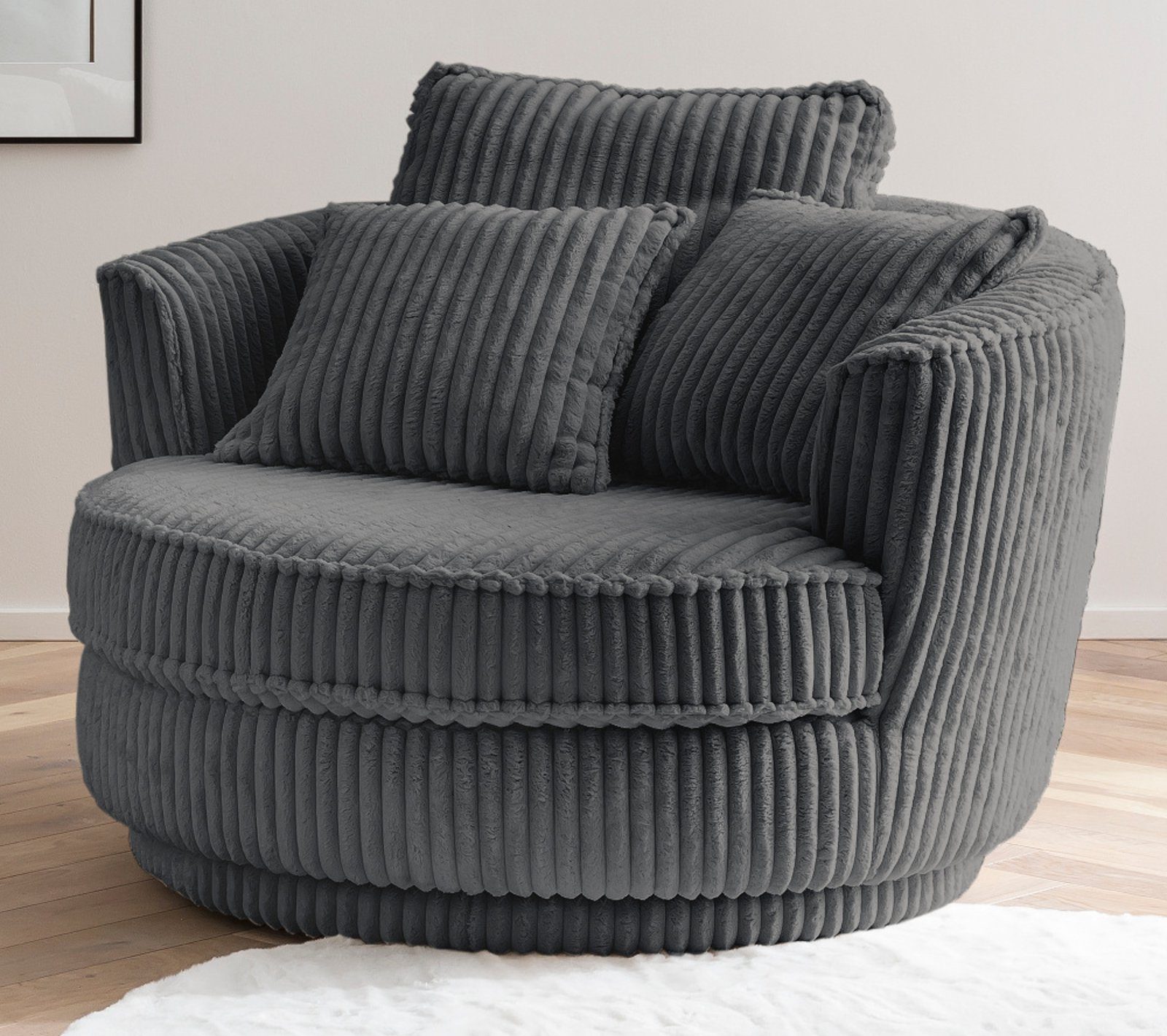 Furn.Design Loveseat Comfy (Love Seat in Mega Cord grau, 120 x 120 cm), 360° drehbar