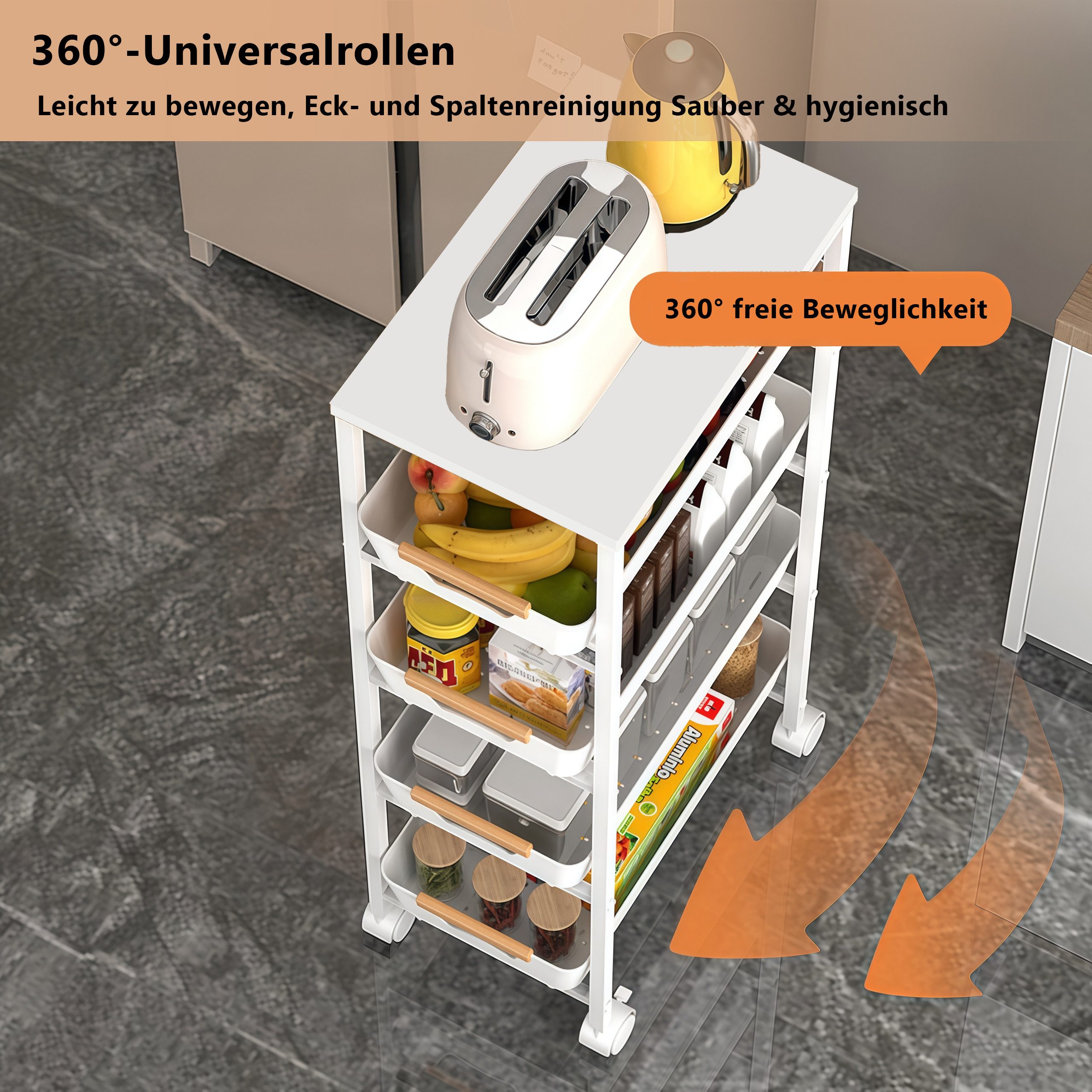PFCTART Küchenwagen Schmaler Küchenwagen mit Schubladen & Körben, 38×32×81,5 cm, (Set, 1 St., Ideal für Küche, Bad, Waschküche & kleine Räume), Rollwagen mit Ho – Bild 4 von 5