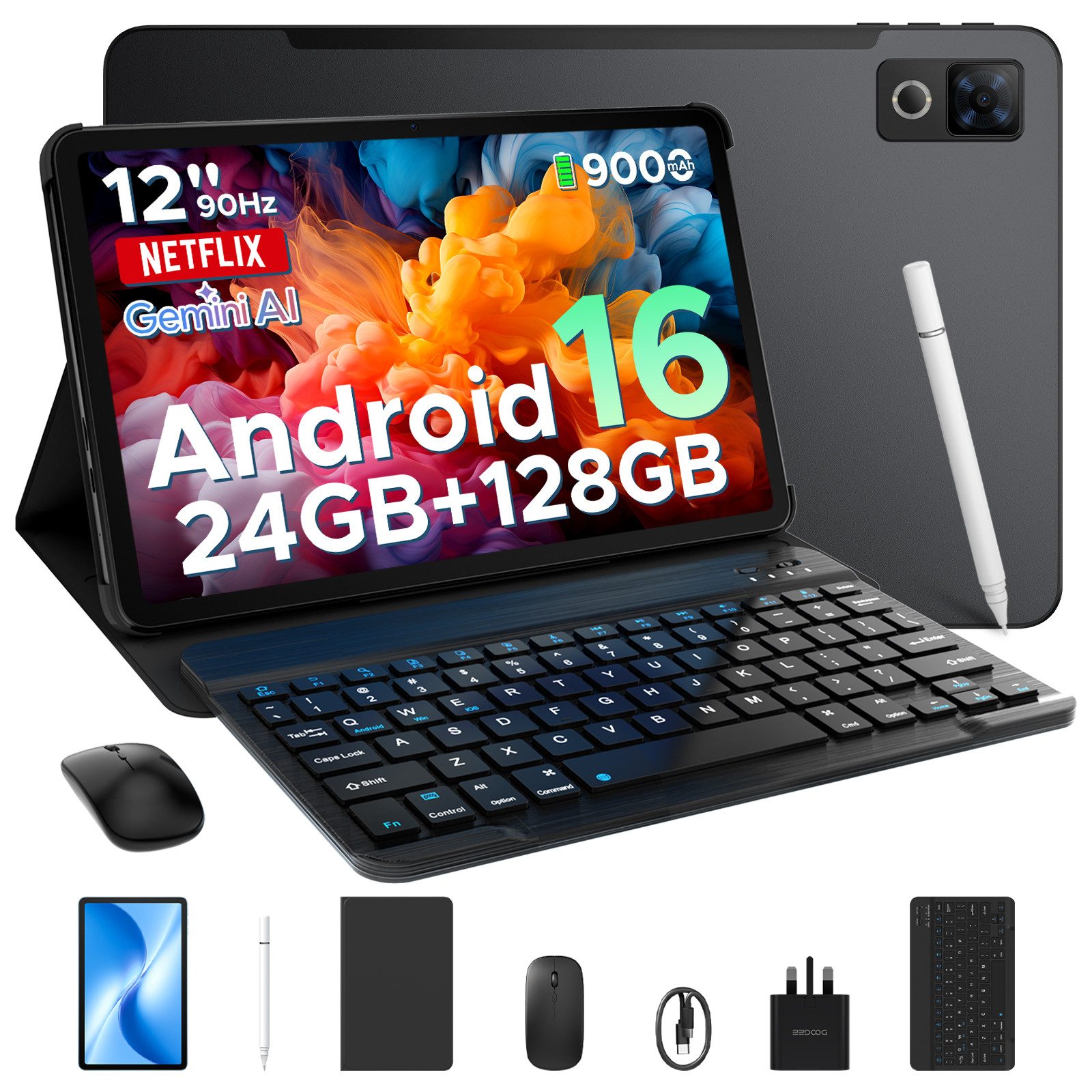 DOOGEE U12 Android 16 12 Zoll Tablet, 9000mAh, 90Hz, 6GB RAM+128GB/2TB Tablet (12", 128 GB, Android 16, Wifi, Gemini AI, 13MP+8MP, 7,8mm dünn, Tastatur+Stift+Maus+Hülle Set)